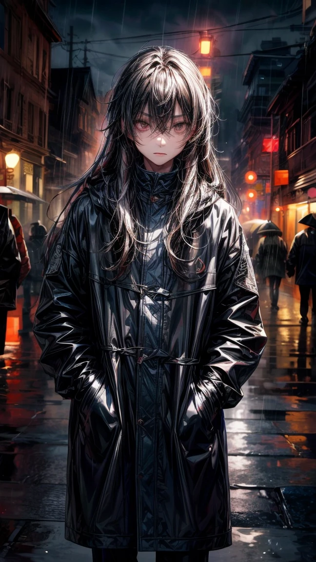 1(boy),(black)long hair,of the night city,rain,coat,Hands in pockets,Always very lazy,There is it in the hair(White)(Different hair types)of(Highlights),Turn your face slightly,(mystery),I am the only one,handsome,(殺氣of笑容)