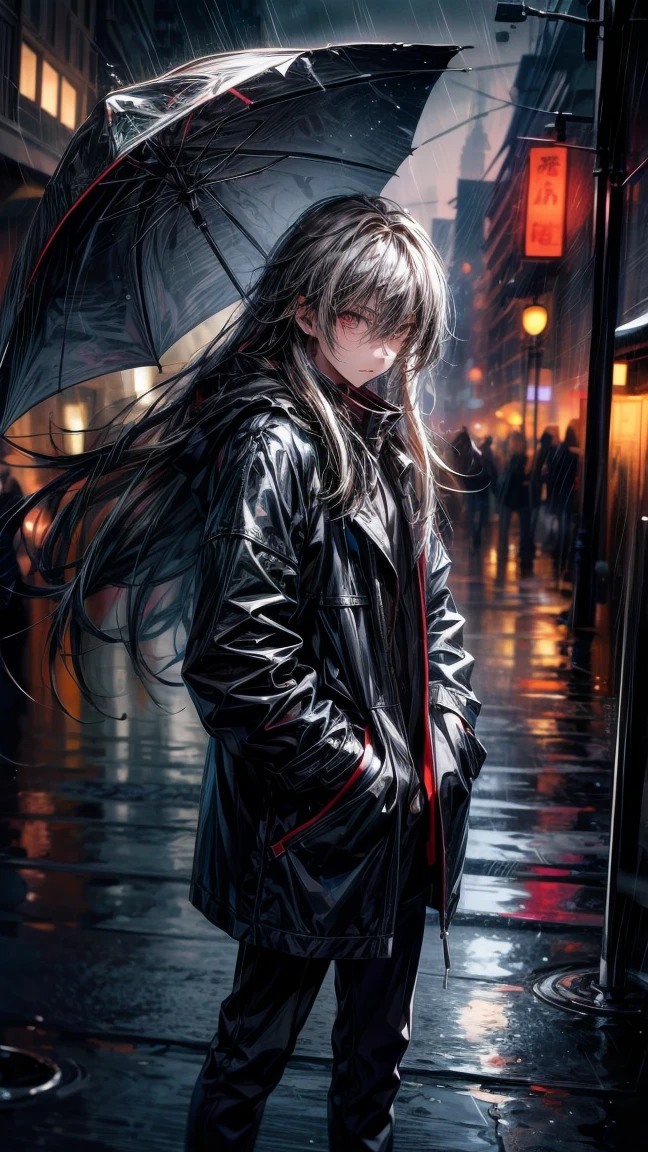 1（boy）,（black）long hair,of the night city,rain,coat,Hands in pockets,Always very lazy,There is it in the hair（White）（Different hair types）of（Highlights）,Turn your face slightly,（mystery）,I am the only one,handsome,（殺氣of笑容）