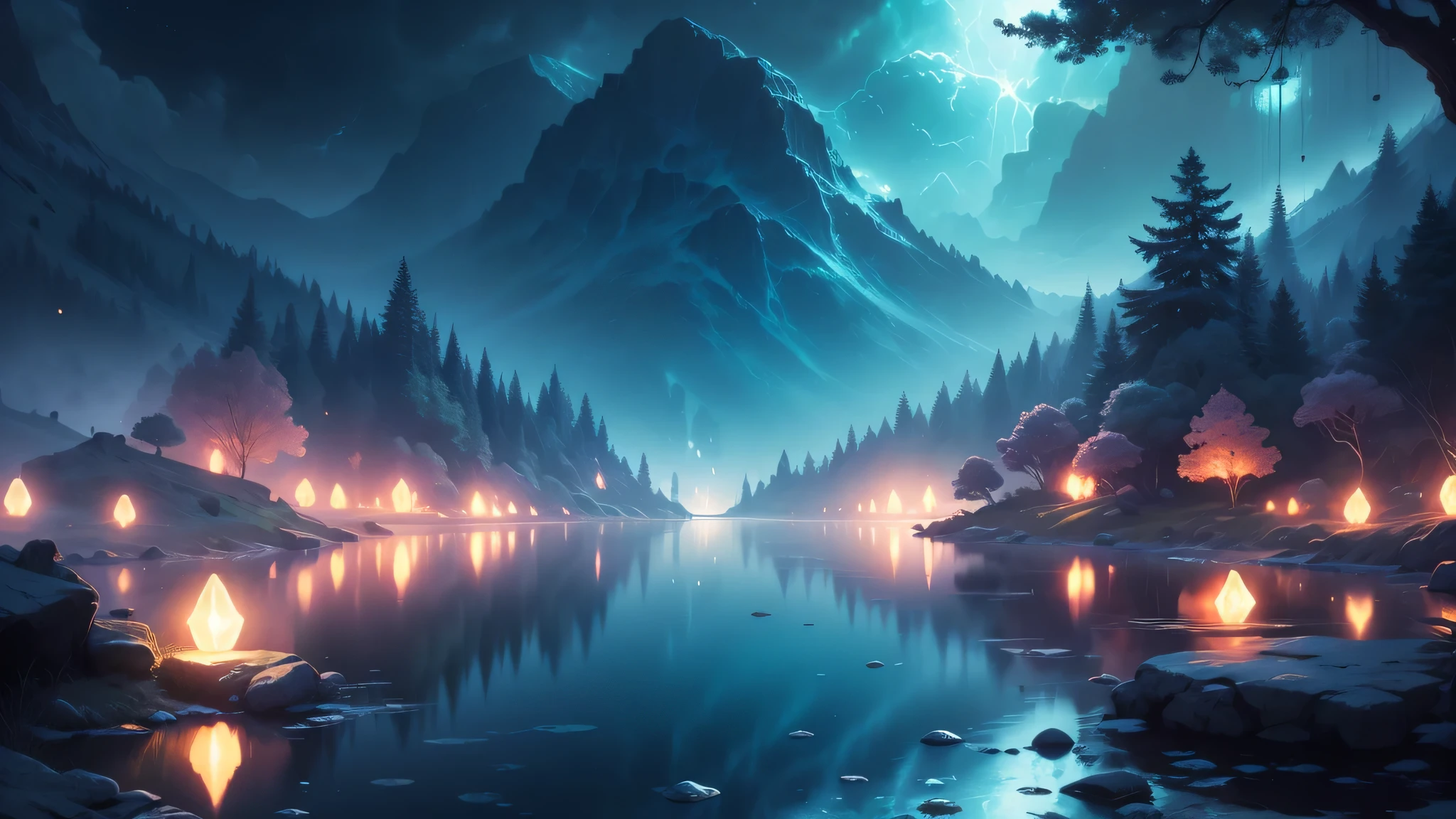 Lake view in the distance,Many super cute slimes,Reflect light,Colored bubbles,Magical Lake,Very detailed,best quality,Soft lighting, Fantasy style, Vibrant colors