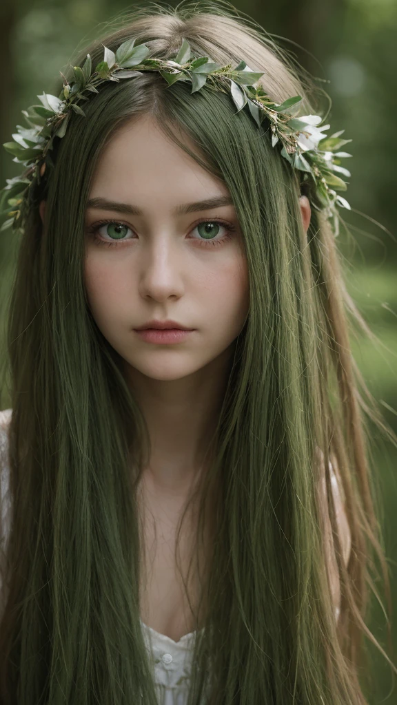 a girl.  Europe.  Oval face.  delicate facial features.  long face.  sad eyes.  charming.  long straight hair.  messy hair.  green hair.  green eyes.  wreath on head.  sulked.  shy.  straight face.  in the forest