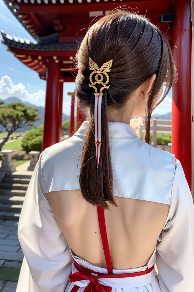 Shrine maiden、Priest、The costume is mainly white with red lines running down the shoulders.、Sideways、I'm letting my hair down、Holding a pair of silver thread scissors、Gold hair ornament on the back of the head、Dark brown hair、Straight Long Hair、In the temple grounds、Upper body close-up