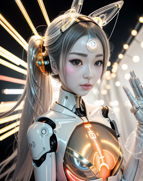A photo of a Japanese female robot in her twenties,Made of shiny white and silver translucent glass and plastic, Geisha makeup and hairstyle, Silver metal interior, dynamic poses, flowing organic structure, Glowing golden circuit, coloRful Neon decoration, light emitting circuit, Neon decoration, Depth of field focus f/2.8, H's Art.R. jiger, GReg Rutowski