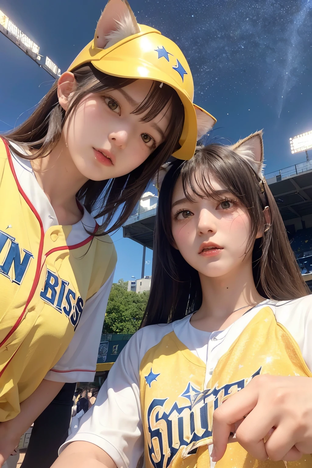 Three Girls, Long Hair, High resolution, Blushing, Open your mouth, (Cat ears:1.3), Pink eyes, (Baseball uniform:1.3), (Yellow helmet:1.3),(Playing Baseball:1.5),
(Starry Sky:1.6),Masterpiece, (From below:1.4)