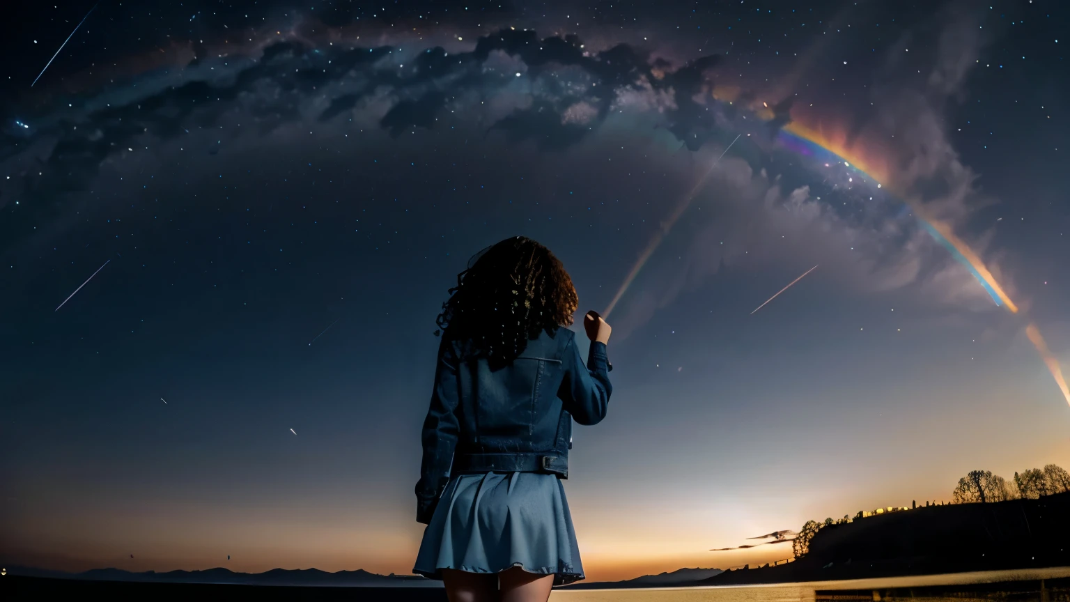 Karen Carpenter, 25 years old, denim jacket, leather skirt, FREE CURLY HAIR, BREAK, COSMOS UNIVERSE the sky, hands behind the back, lake background, shooting star, watching the camera, closeup, close-up, iridescent clouds, sun on the horizon, BREAK fire rainbow, Circumhorizontal Arc, BREAK,