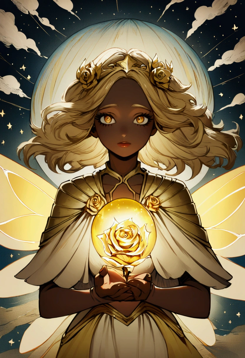 a girl with golden hair, dark complexion and golden fairy wings with a heroine costume and in her hands a golden rose and around it spheres of light in the style of my hero academia