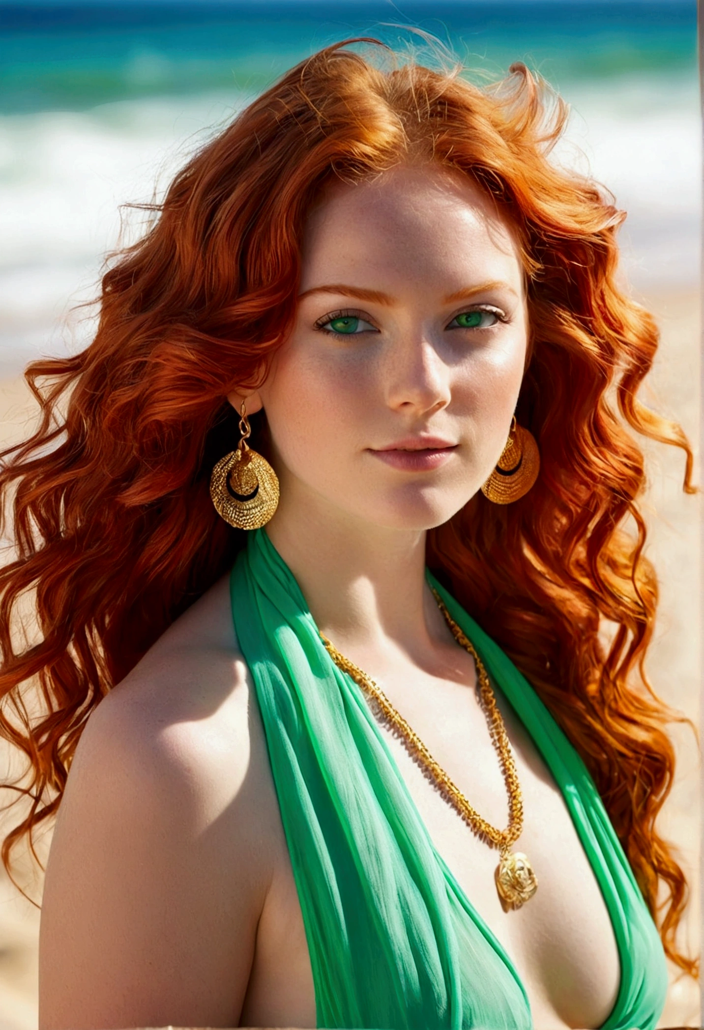 Create a realistic image of a young woman in her 20s, with vibrant, wavy red hair. She must have fair skin. your look is captivating, with bright green eyes that convey confidence and friendliness. The young woman is wearing a stylish bikini and a light beach cover-up, with delicate accessories, like small earrings and a thin chain around your neck. She&#39;s at the beach, with the blue sea in the background and golden sand around you, reflecting your lifestyle as a digital influencer. Lighting should be soft, highlighting its natural beauty and vibrant beach atmosphere.