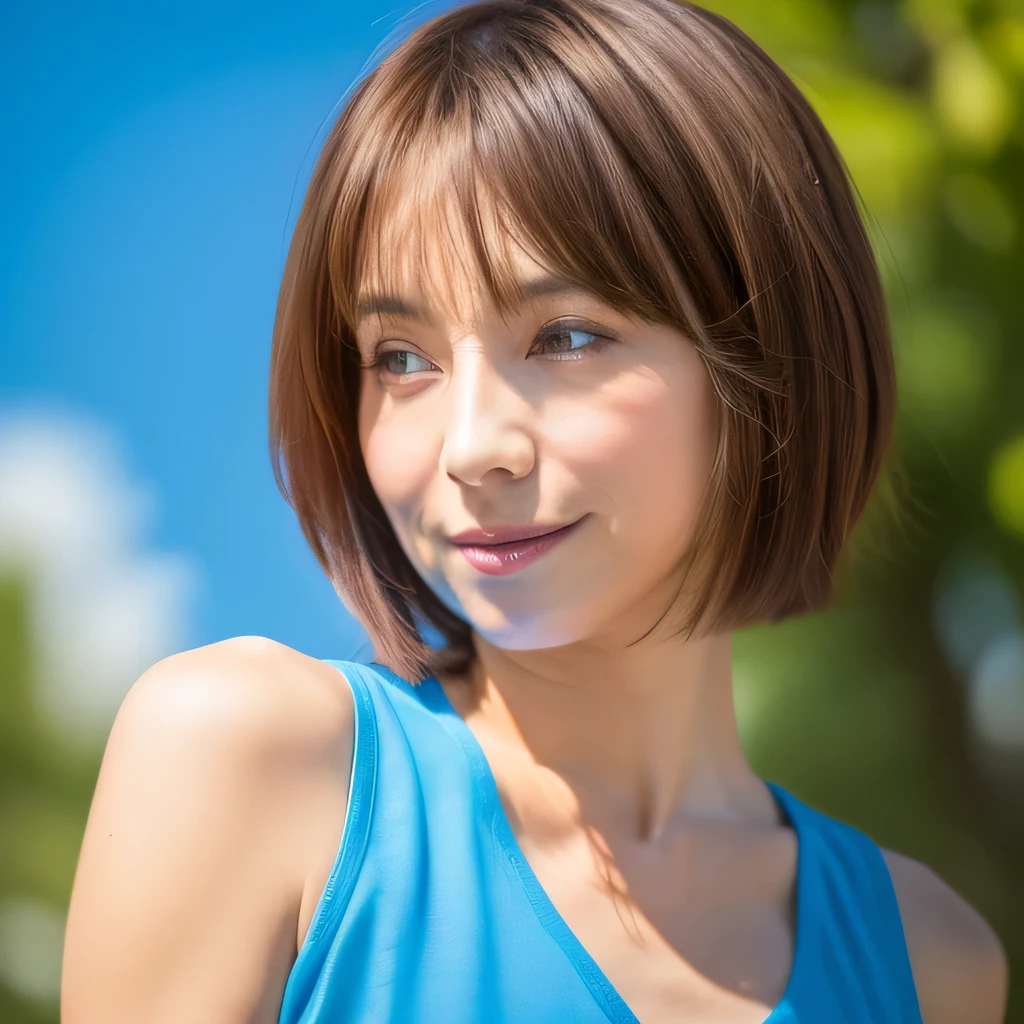 Upper Body　60 years old　Fluffy short hair 　Bright brown hair　Bob Hair　Brown Hair　Beautiful Hair　woman　Has bangs　Messy short hair　Brown Hair　　Brown Hair　Beautiful hair, shiny hair　Japan Fireworks Festival　short hair　The background is blue sky　The sun shines beautifully　blue sky　buzzer　Beautiful sky as a background　( Hair looks beautiful :1.2) myself　woman　60 years old　Bob Hair　Brown Hair　Beautiful Hair Shiny Hair　Japan( sharpen ), (Facing the children_v1:0.7), (8k, Highest quality), Unconscious, Please open your eyes, , High resolution, original, (Flat Color:0.9),(colorful:1.1),(masterpiece:1,2), Highest quality, masterpiece, High resolution, original, Highly detailed wallpaper, Audience&#39;Perspective, alone, Portraiture, Mature Woman Body Set, smile, When I look at this,Natural Wrinkles, Wrinkles around the eyes, surreal, Natural Skin, Natural Hair Color, 真っ赤な唇 鮮やかで常buzzerのイメージ　The sun is shining　Wrinkles on the face