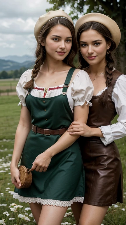 front view, on grass, looking at viewer, female 20 years-old, (brown hair ,double braid, smile), Tyrol hat with edelweiss, slime body, traditional German costumes from the 1930s. (The women are wearing embroidered Dirndls, which include a close-fitting bodice with a low neckline, a blouse worn under the bodice), (Black wide high-waisted skirt, An ankle-length skirt ), (White apron, flower arrange embroidered apron). The setting is a rural village during a festival, with people engaging in traditional activities and celebrating their heritage , textured skin , HI detailed skin, The men are dressed in Lederhosen, which are short leather pants with suspenders, often decorated with embroidery, (foreshortening, Canon, 8K, anatomically correct, super detail, high details, highness)