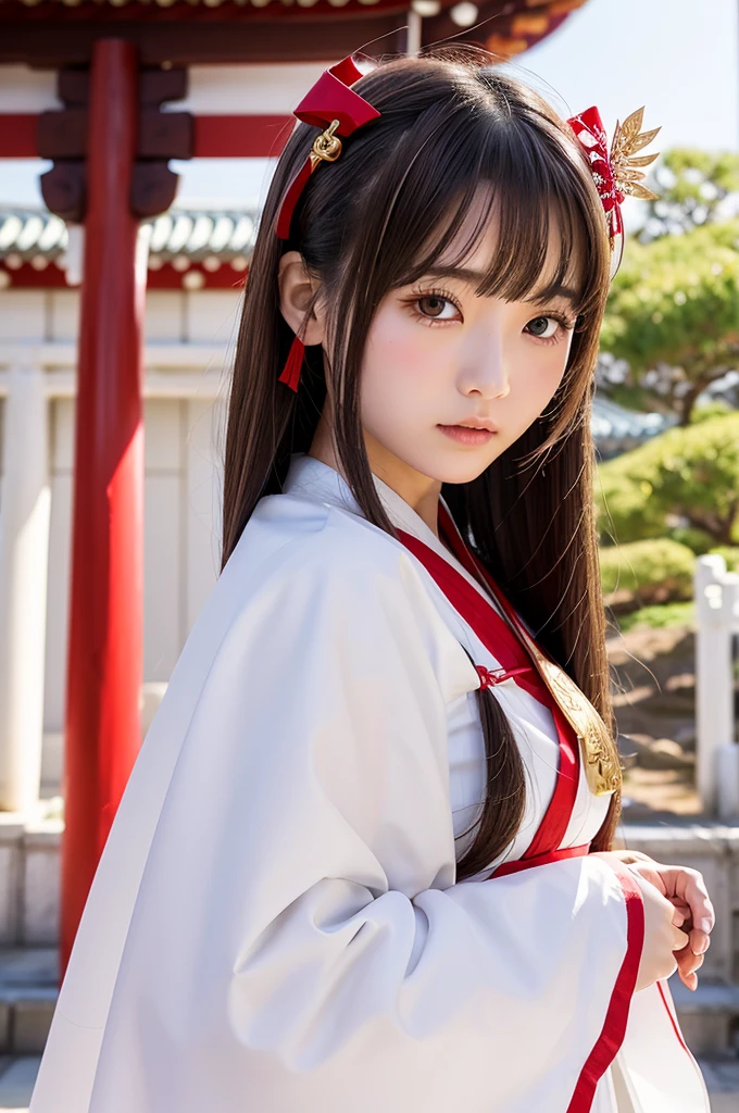 Shrine maiden、Priest、The costume is mainly white with red lines running down the shoulders.、Sideways、I'm letting my hair down、Holding a pair of silver thread scissors、Gold hair ornament on the back of the head、Dark brown hair、Straight Long Hair、In the temple grounds、Upper body close-up