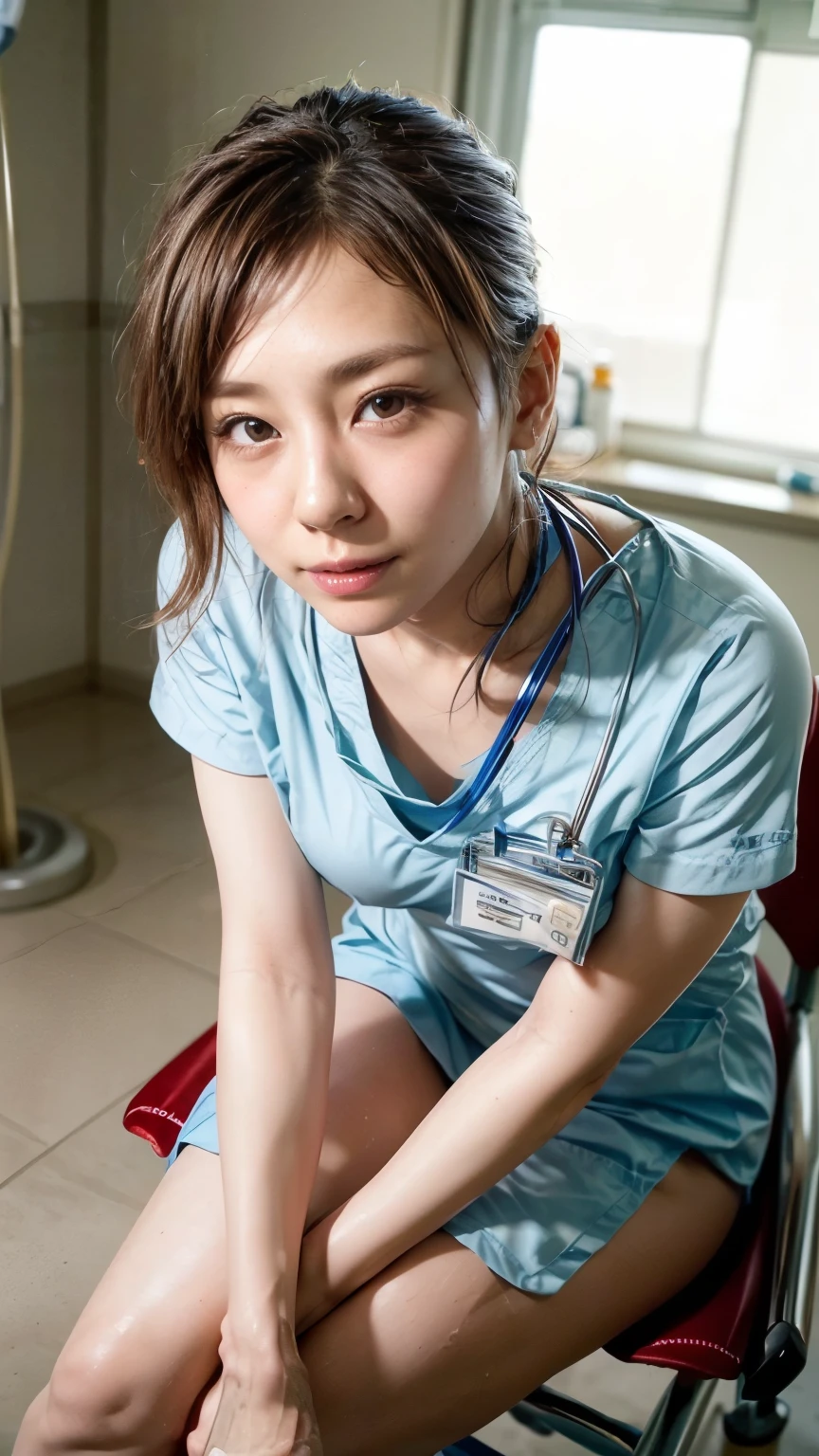 hospitalの中で前かがみにななって患者を覗き込むnurseのwoman、(Realistic、Like a photograph、Live Action、Realistic, RAW Photos, Best image quality: 1.4), Single-lens reflex camera、RAW Photos, Highest quality, Realistic, Very detailedなCGユニティ8K壁紙, Written boundary depth, Cinematic Light, Lens flare, Ray Tracing, Realistic background、hospital:1.4、(nurse:1.4、(Medical scrub:1.5)、Breast flash、The bra is flickering)、((ultra high density skin))、 woman,Cute Japanese Nurse、((Leaning forward、Sitting in a chair、((whole body:1.5))、Inspection:1.1、Serious expression))、short hair:1.2、tie your hair with a hair clip、I like that style、stylish、Very detailed、Pay attention to the details、Perfect outfit、(White skin)、Front view、Anatomically correct body、Accurate fingering、Accurate Arm、Accurate feet、Super detailed face