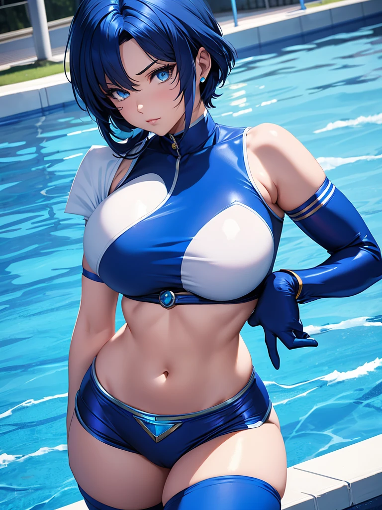 Sailor mercury in full police  suit,long blue hair,Blue Power Ranger, hurricane ,Sexy goth woman big breast, character sheet,inside a pool,High Resolution, Large breasts, 