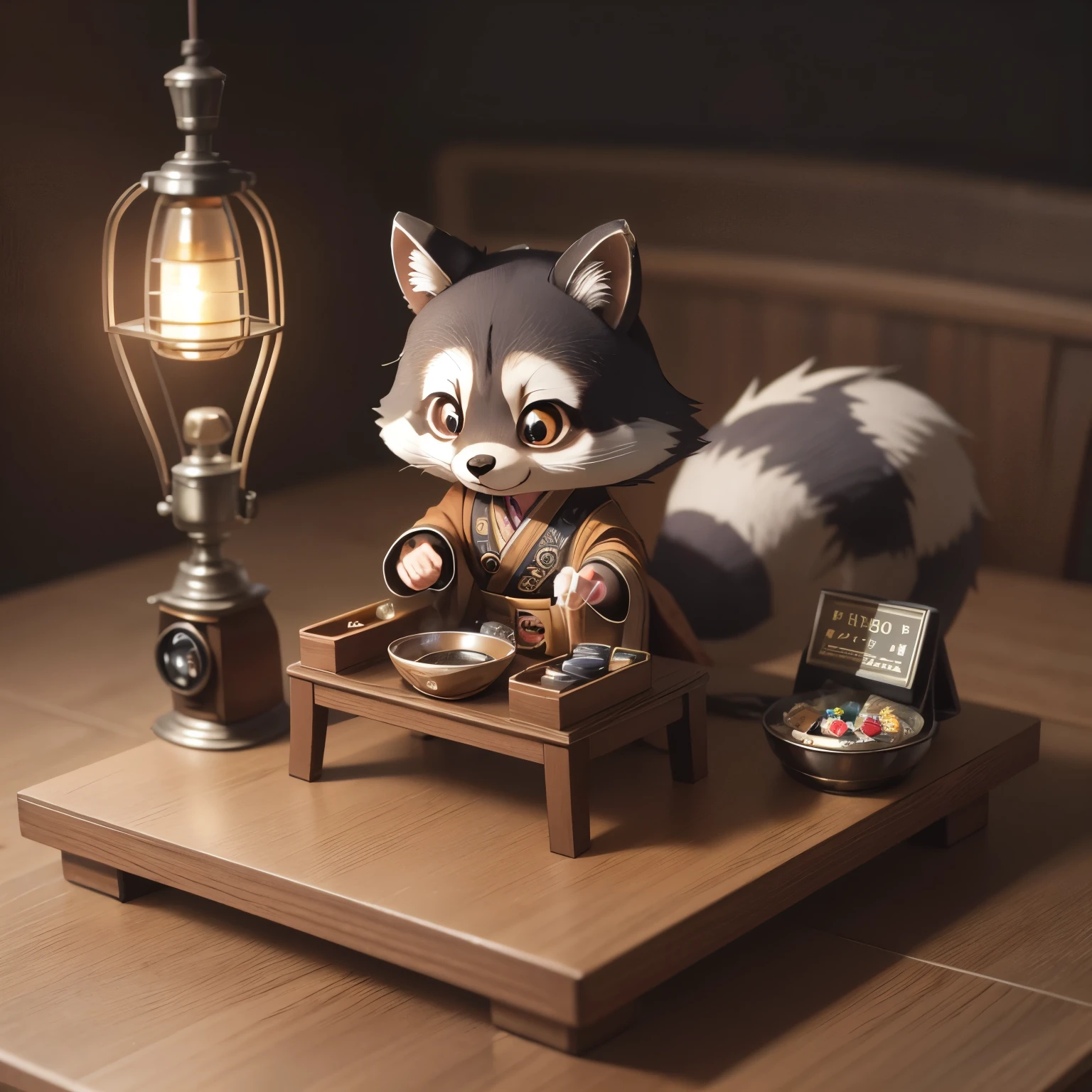 Japanese Vintage Miniature Toys Tabletop, Steampunk style raccoon, Japanese sweets, Micro Coffee Machine, Flowing liquid, cigarette, Little Ghost, Awards, 最high quality, Cinema Lighting, Awards, 最high quality, Ultra HD, Ultra HD, Multiview, Awards, 最high quality, high quality , Pixar, Anime Style, Pixar, Anime Style, Bauhaus, Attention to detail, Attention to detail, high quality