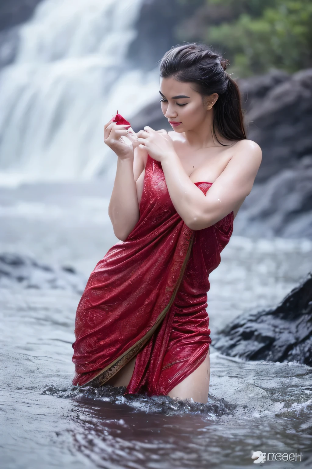 Cute girl wearing sarong dress with seducing pose, big smile, happy, bustling, ((whole body)) turning away facial at viewer, closeup, heavy mountains, misty, fog, woman standing in the waterfall, wet body, wet clothes, wet skin, beauty skin, huge breast, thick thighs bright lighting, big round ass, cute face, slim abs, 35mm lens, Extreme close-up, depth of field cinematography effect, romantic film genre, 8k resolution, high quality, ultra detail,