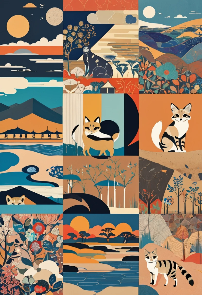 (masterpiece, best quality,ultra highres),(collage art),flat color,anime,(animal girl standing at savanna),Sand cat, Tibetan sand fox, black-footed cat, fennec fox,nostalgic melancholic artwork,magazine collage, inspired by Victo Ngai cmyk palette, contemporary artistic collage,