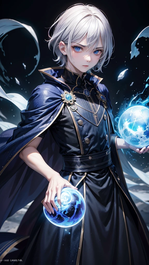 (Highest quality,Very detailed,High resolution:1.2),One adult male,Silver Hair,The most beautiful young man in human history,(1 photo from the front)、Dark blue eyes (Dark blue eyes:1.1),さみし気なaura(aura:1.1),(mysterious,Ghostly:1.1) atmosphere,Looks like half a demon,(Demonic traits,Demonic traits),(Elaborate,wonderful) ,Strong body、Shortcuts、Use magic、auraが漂う、Cape、Powerful、Confident expression、Are standing、Very Short Hair、Hair in transverse divisions、Perm、Sharp Eyes、Angry、Throws glowing blue fireballs