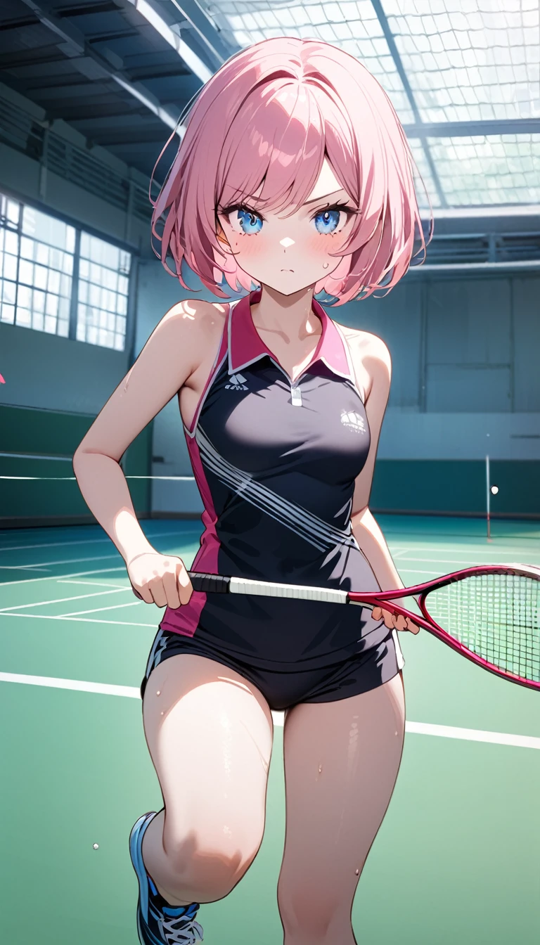 (1 girl),(Best Picture Quality, 8K, Masterpiece:1.3), (high school student:1.5), ((pink lob hair:1.1)), (bob cut),(swept bangs), (cute eyes, pupil black, iris skyblue, youthful face), (mole under right eye), (standard weight), (small breasts),(big hip), (glistening skin:1.2),(pale skin:1.2),(serious:1.3),(Badminton:1.3), ((Badminton racket:1.1)), (badminton uniform), (dynamic moving,:1.2),(Uplifting),(Badminton court),(sweat:1.1),(magnificent view)