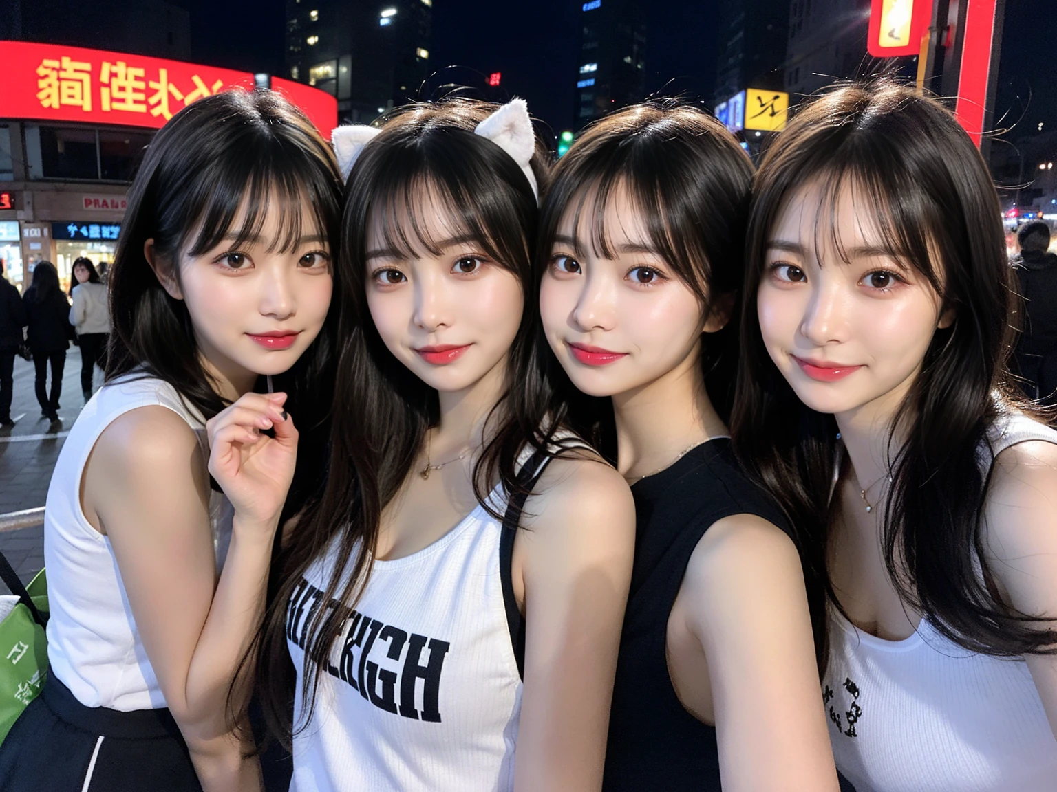 4 girls、Four Girls(cute、Random Face、Young Japanese)、Four Girlsが並びます、最high quality, masterpiece, 32K、Very detailed、Realistic、Japanese women、Cute Face, (photo Actual:1.3),Medium Hair(Blonde Hair Color、Great brown hairstyles)、Edge lighting, (Skin with attention to detail:1.2), 8k超High resolution, Single-lens reflex camera, high quality, High resolution, 4K, 8k, Optimal ratio of four fingers to one thumb, (Actual:1.3), cute 4 girls, Realistic、Super Realistic、32K、Very detailed、masterpiece, 最high quality, beautiful girl, beauty、Mecha, Beautiful lighting, (Neon Light:1.2), (night:1.5), K-Pop Idol Costumes、Sleeveless outfit、Large Breasts(big 、There is a valley)、Swiss flag t-shirt、Red and white cheerleader skirt、Fox ears headband、Are standing、Cyber Neon、Future City、Skyscraper、都会のnight、Shanghai、big cities、night景、綺麗なnight景