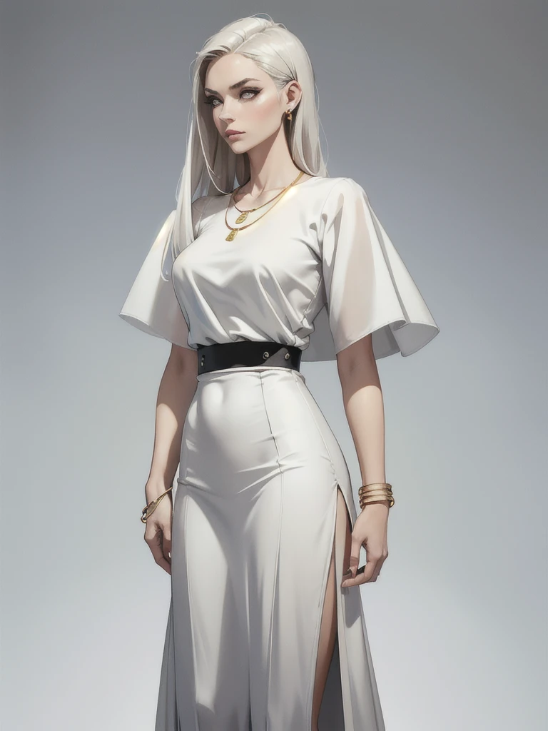 makeup, mascara, simple color palettes, woman 25 years old, stylish, Clean, sharp designs, flowing silhouettes, Tight skirts and pants, high-waisted skirts and pants, simple dresses, shirts and blouses, asymmetrical, geometric, Elegant and luxurious materials and designs, Simple, minimal accessories, gold necklace, gold bangle, Slim necklaces and rings in silver or gold, Simple bangles, Distinctive designs, simple silhouettes, chic and mature impression, simple and sophisticated style, elegance, minimalism, high quality materials, cool and urban impression, high fashion, , simplicity and sophistication, plain white dress, chic white dress