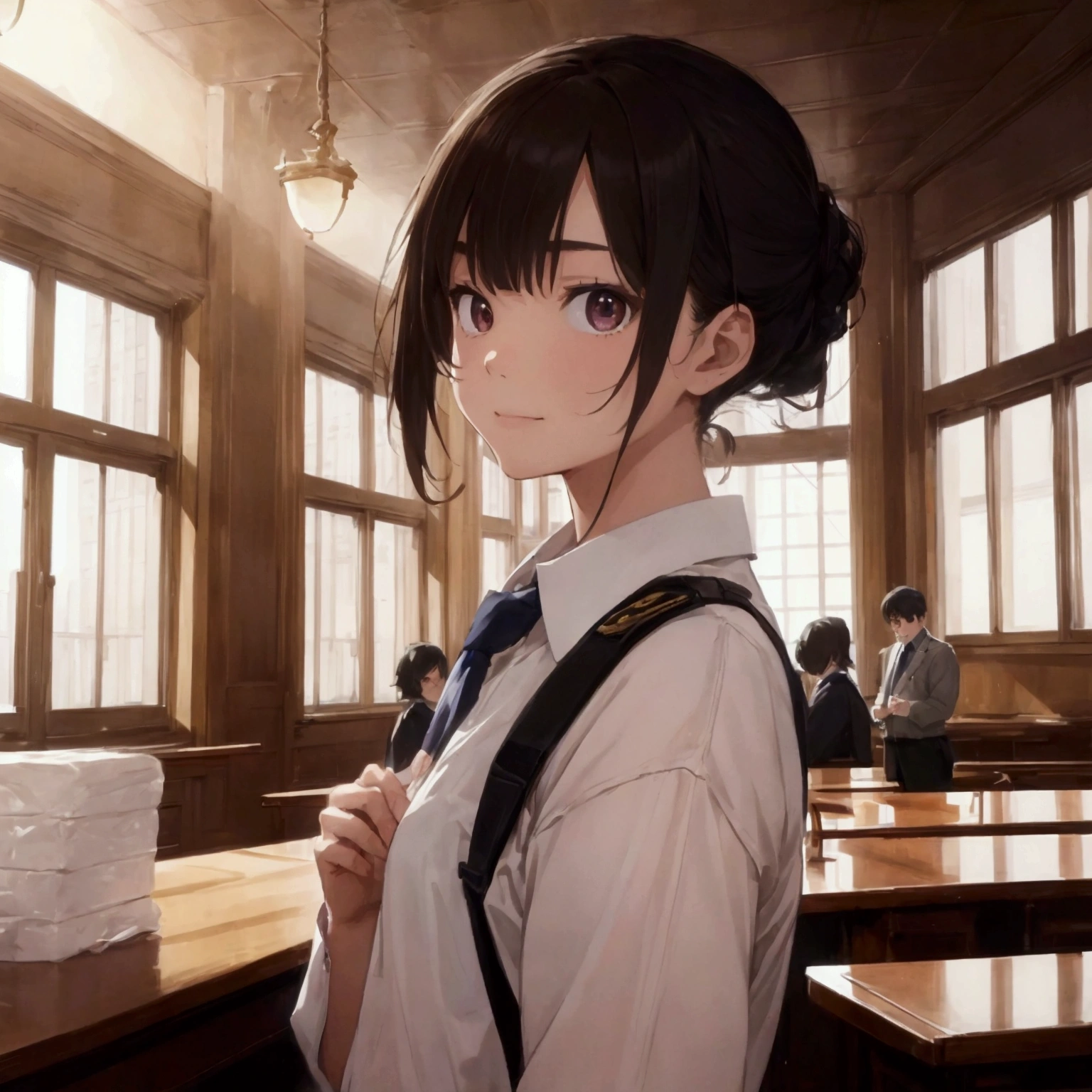 Masterpiece:1.1,Highest quality,8k,official art,courtroom,1boy,a lawyer is talking enthusiastically,standing,evil smile,troubled eyebrows,Bright fluorescent lighting,looking at viewer, dynamic angle,one hand up,one hand on hip,judge,