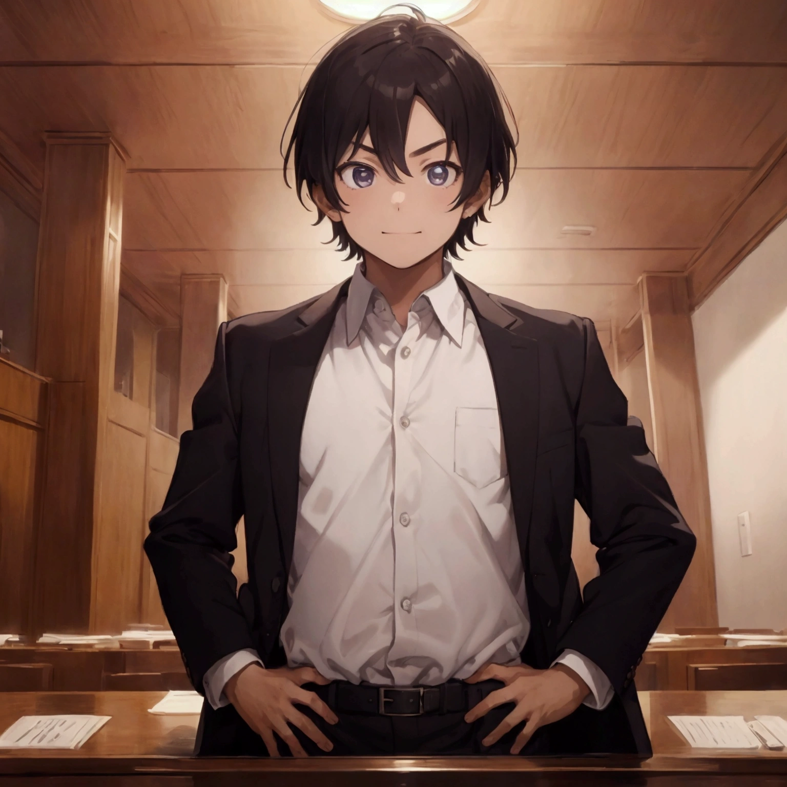 Masterpiece:1.1,Highest quality,8k,official art,courtroom,1boy,a lawyer is talking enthusiastically,standing,evil smile,troubled eyebrows,Bright fluorescent lighting,looking at viewer, dynamic angle,one hand up,one hand on hip,judge,