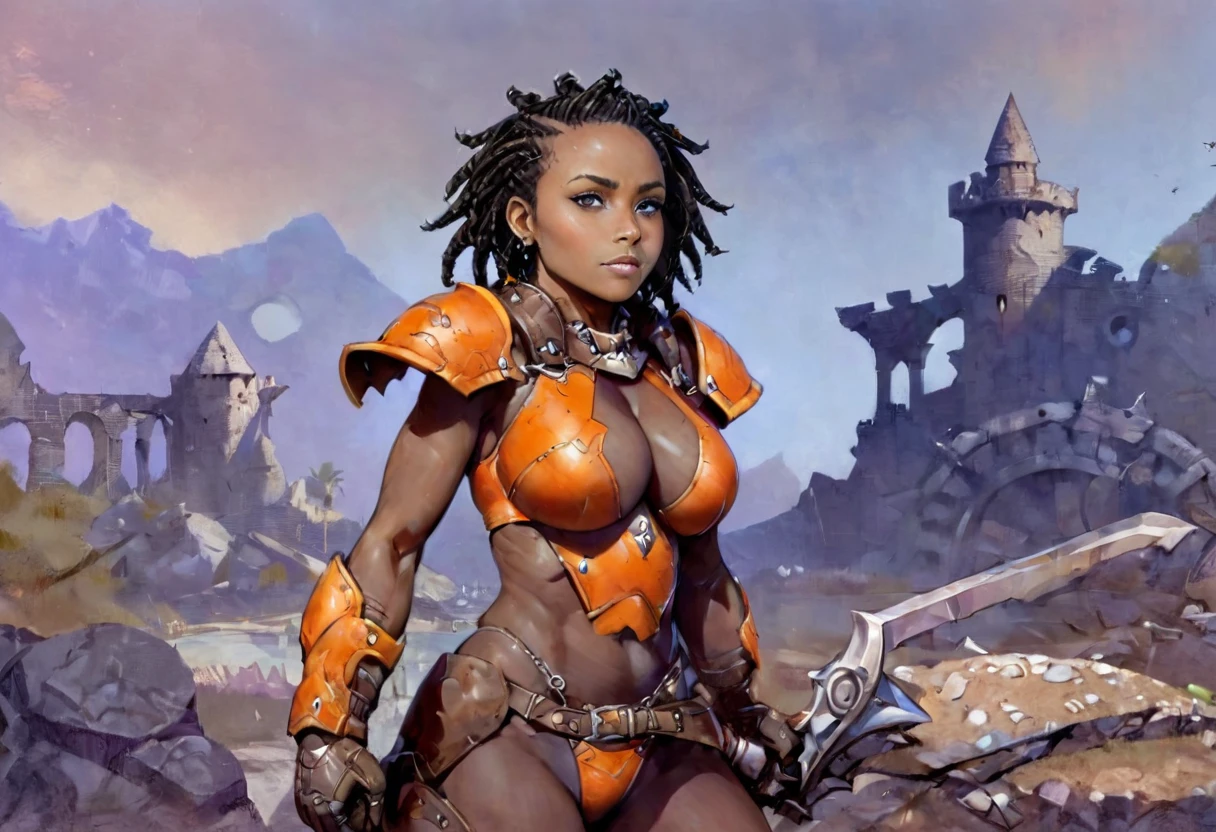 fr4z3tt4, Portrait of African woman, xlsanaa woman, with (short black dreadlocks), black hair pulled back, wearing a (heavy orange mechanical armor, power armor covering her chest and arms, orange breast plate) with large (round orange shoulder pads), chipped paint, (visible wires and gears connect the shoulder pads to the armored gloves). a dark green undersuit visible between the armor pieces. (Barbarian fur). Castle ruins background, large broken stones litter the area. Show her holding a large warhammer in both hands,. super high quality, super high detail, masterpiece, 4k, 8k, HDR, masters of the universe