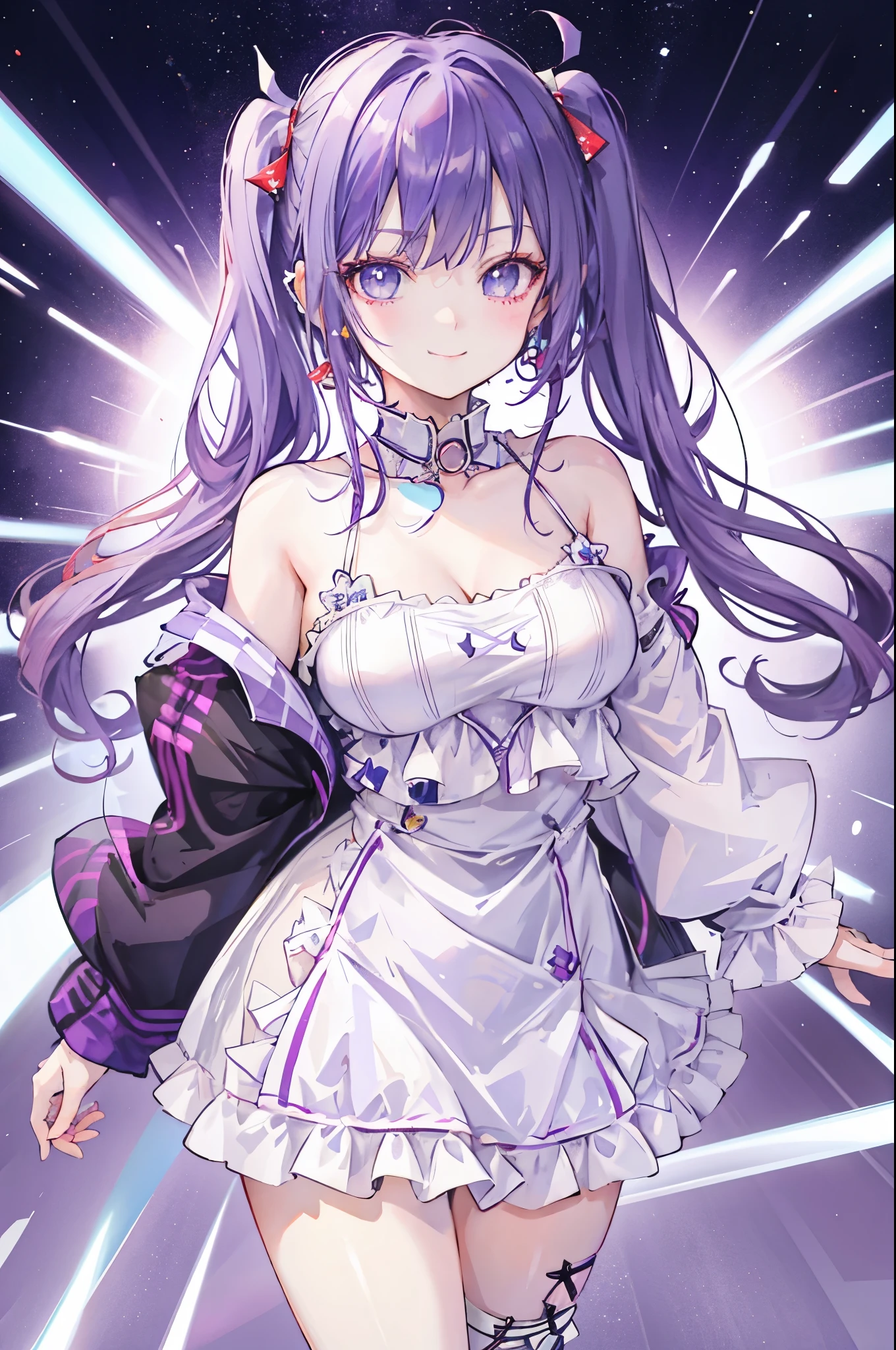 Highest quality,smile,woman,cute,Twin tails,Purple Hair,Light blue eyes,White off-the-shoulder tops,Checkered mini skirt,Background white,Plain background,breast enhancement,