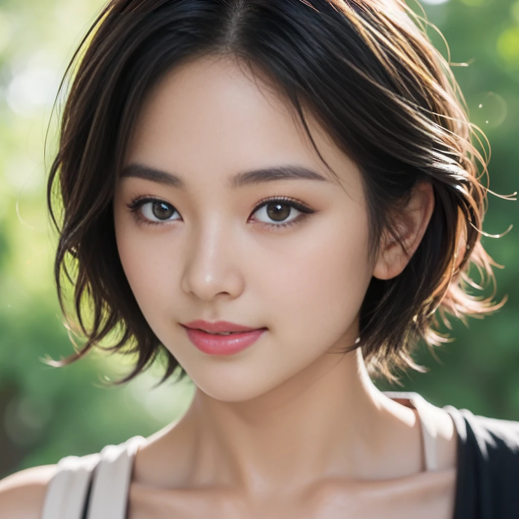 masterpiece, realistic, photorealistic, best quality, beautiful detailed, natural lighting, sharp focus, depth of field, extreme close-up shot, a beautiful 20-year-old Japanese woman, solo:1.2, very short cut hair, looking at viewer, best quality real texture skin, Detailed beautiful delicate face and eyes, double eyelid, smile:1.2, white teeth:1.2