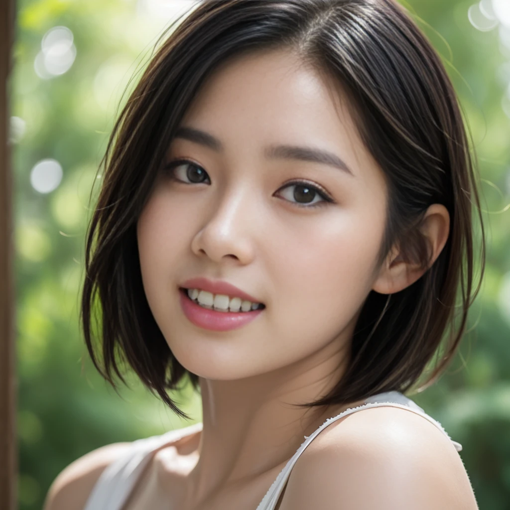 masterpiece, realistic, photorealistic, best quality, beautiful detailed, natural lighting, sharp focus, depth of field, extreme close-up shot, a beautiful 20-year-old Japanese woman, solo:1.2, very short cut hair, looking at viewer, best quality real texture skin, Detailed beautiful delicate face and eyes, double eyelid, smile:1.2, white teeth:1.2