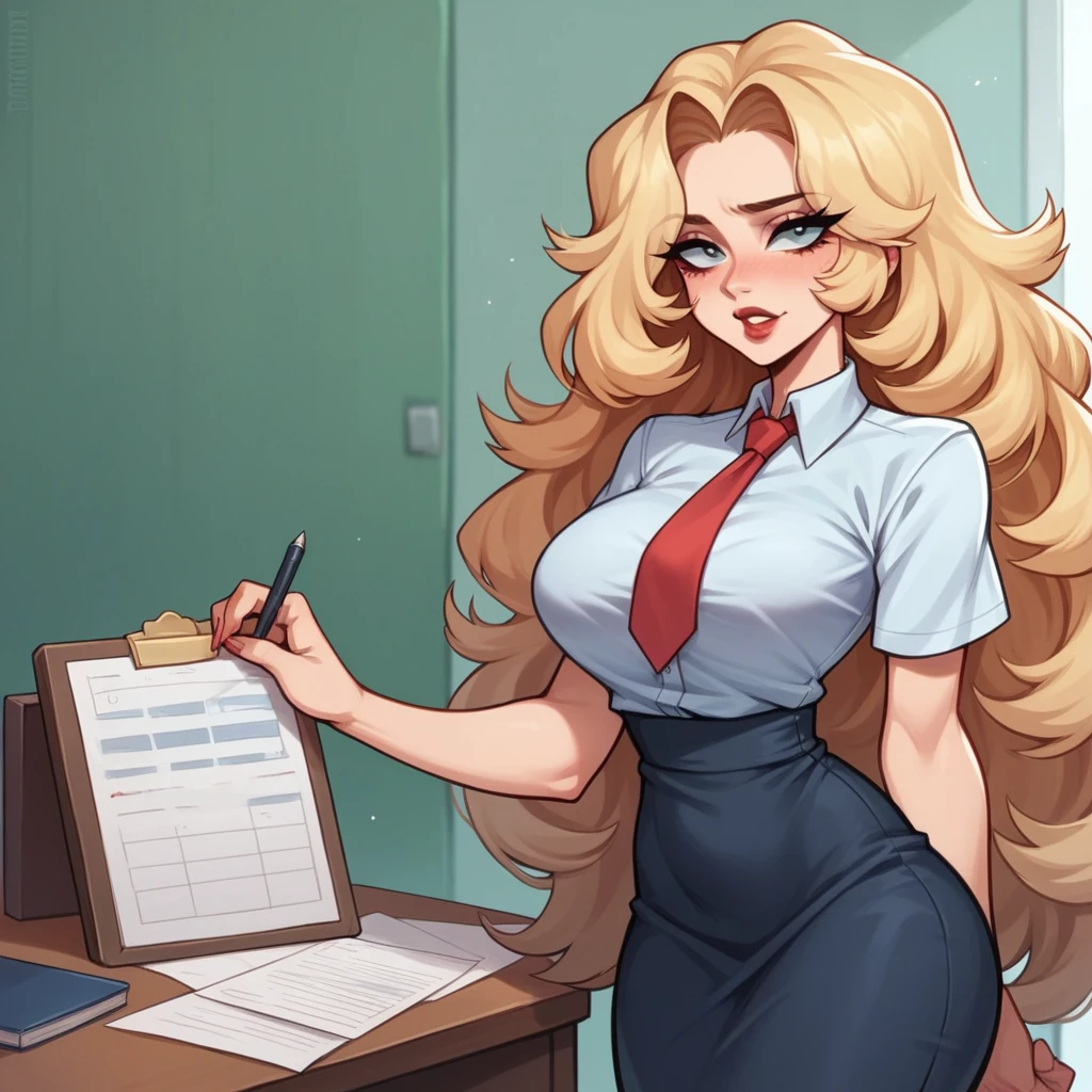 Beautiful woman 25 years old, not very high, long curly light blonde hair, Thin waist, big tits, well-shaped and large hips. She wears a secretary uniform, she is shy in front of her boss in the office, the boss is a fat and bald old man. He wears a shirt and tie