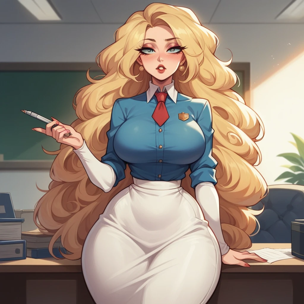 Beautiful woman 25 years old, not very high, long curly light blonde hair, Thin waist, big tits, well-shaped and large hips. She wears a secretary uniform, she is shy in front of her boss in the office, the boss is a fat and bald old man. He wears a shirt and tie