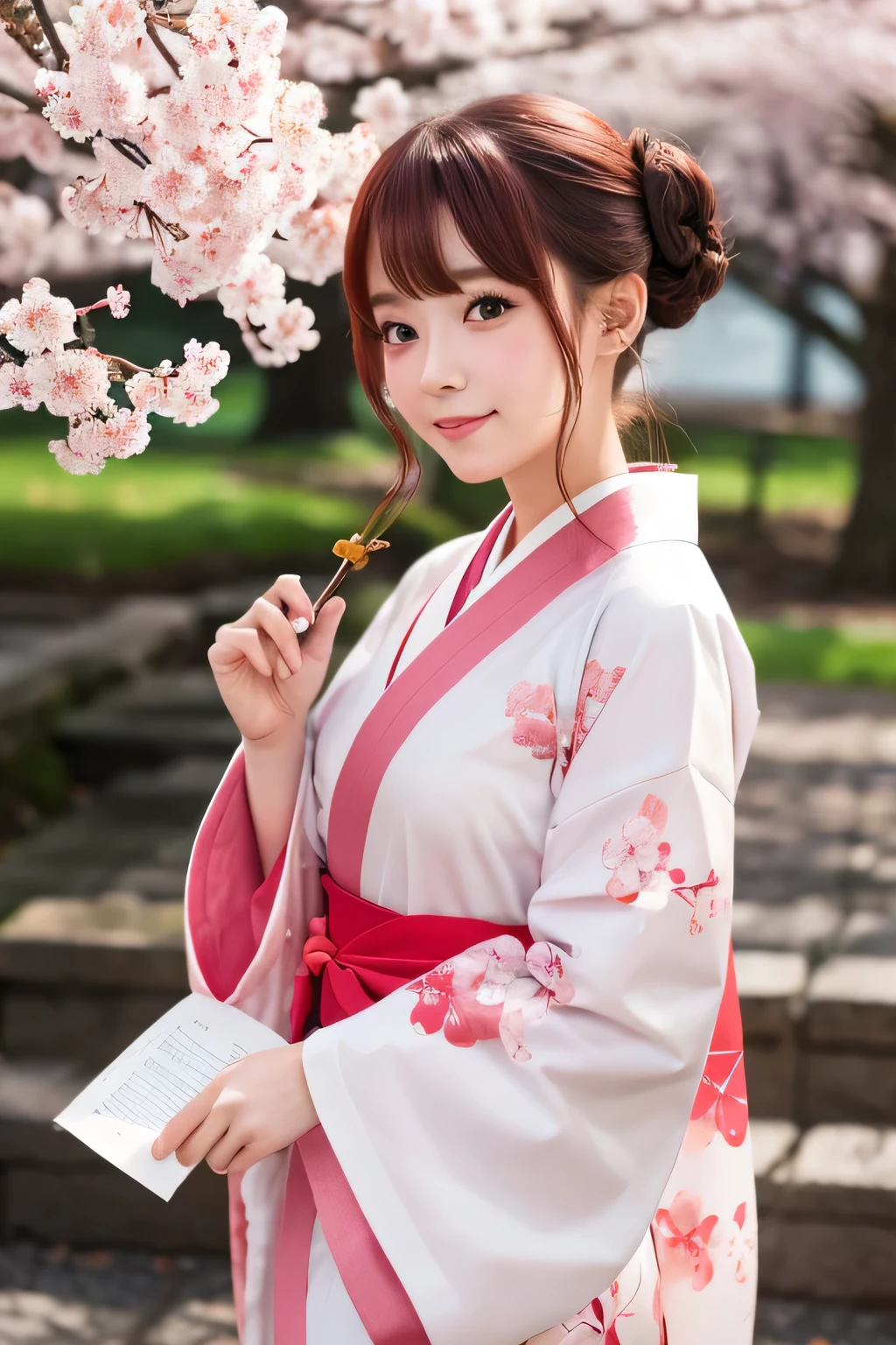- Cute girl - Question marks in the background - Holding a scroll in her hand - Kimono costume - Cherry blossom petals falling - Hair in a bun with two buns - Pale red hair - Anime style