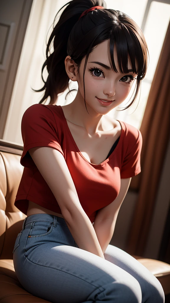 Pan, 1girl, solo, smile, red shirt, jeans, single ponytail, dark brown Hair, sitting,, (acclaimed, alluring, captivating, exciting, gorgeous, striking:1.3), (trending on CGSociety, trending on pixiv, contest winner:1.3)