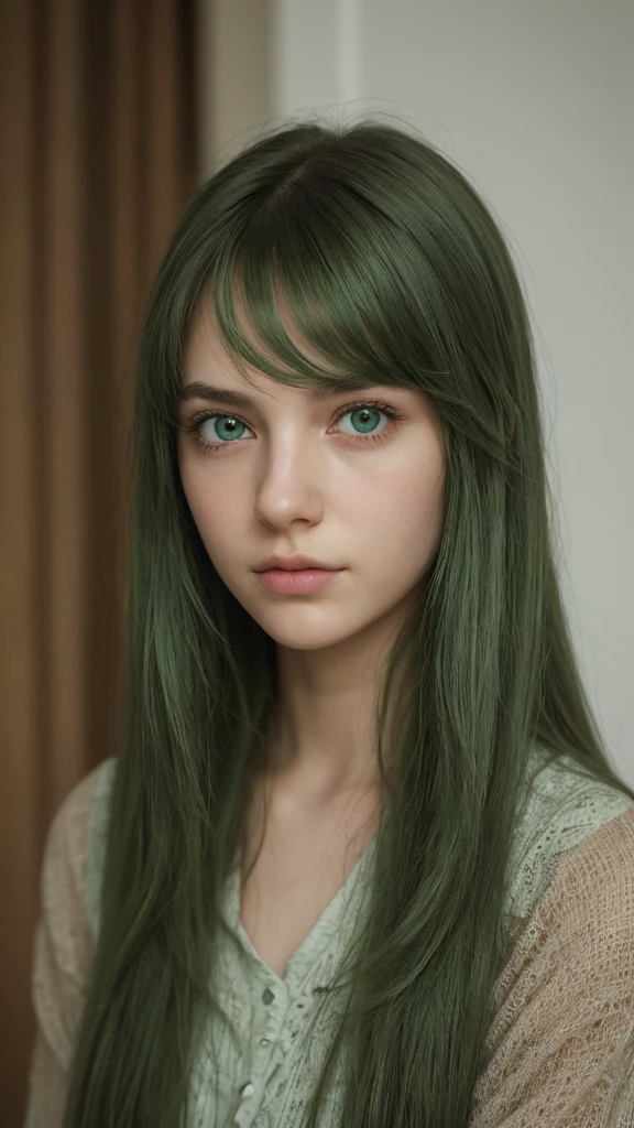 a girl. Europe. feeling sad. Extremely detailed face. Oval face. delicate features. dull eyes. long straight hair. messy hair. green hair. green eyes. shy. look directly