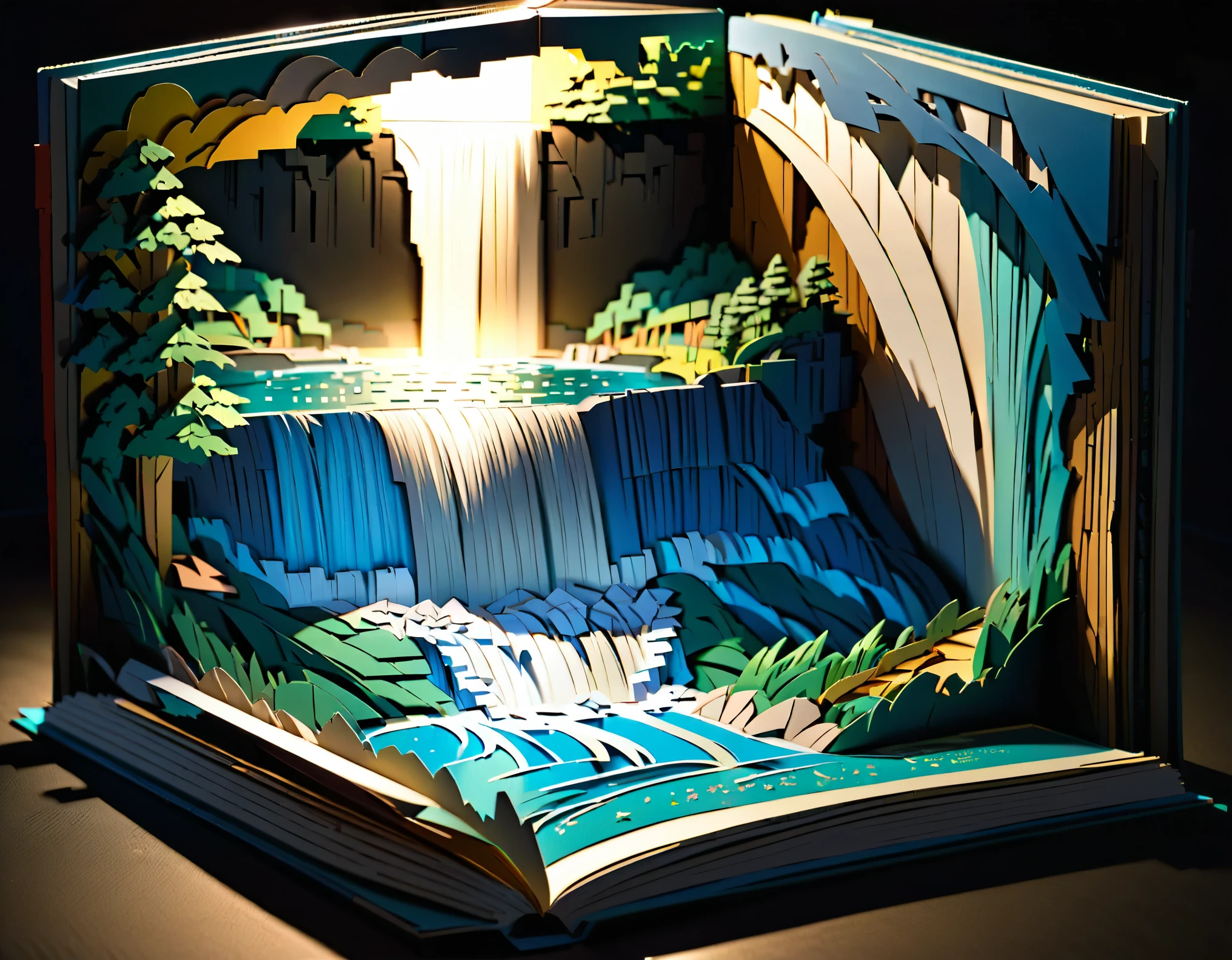 (masterpiece:1.2, Highest quality,Highest quality,Super detailed),(Very detailed),8k,(Niagara Falls Pop-Up Book:1.5),(Cinema Lighting),(Written boundary depth),(Sophisticated lighting:1.2),(Chiaroscuro),(Origami art)
