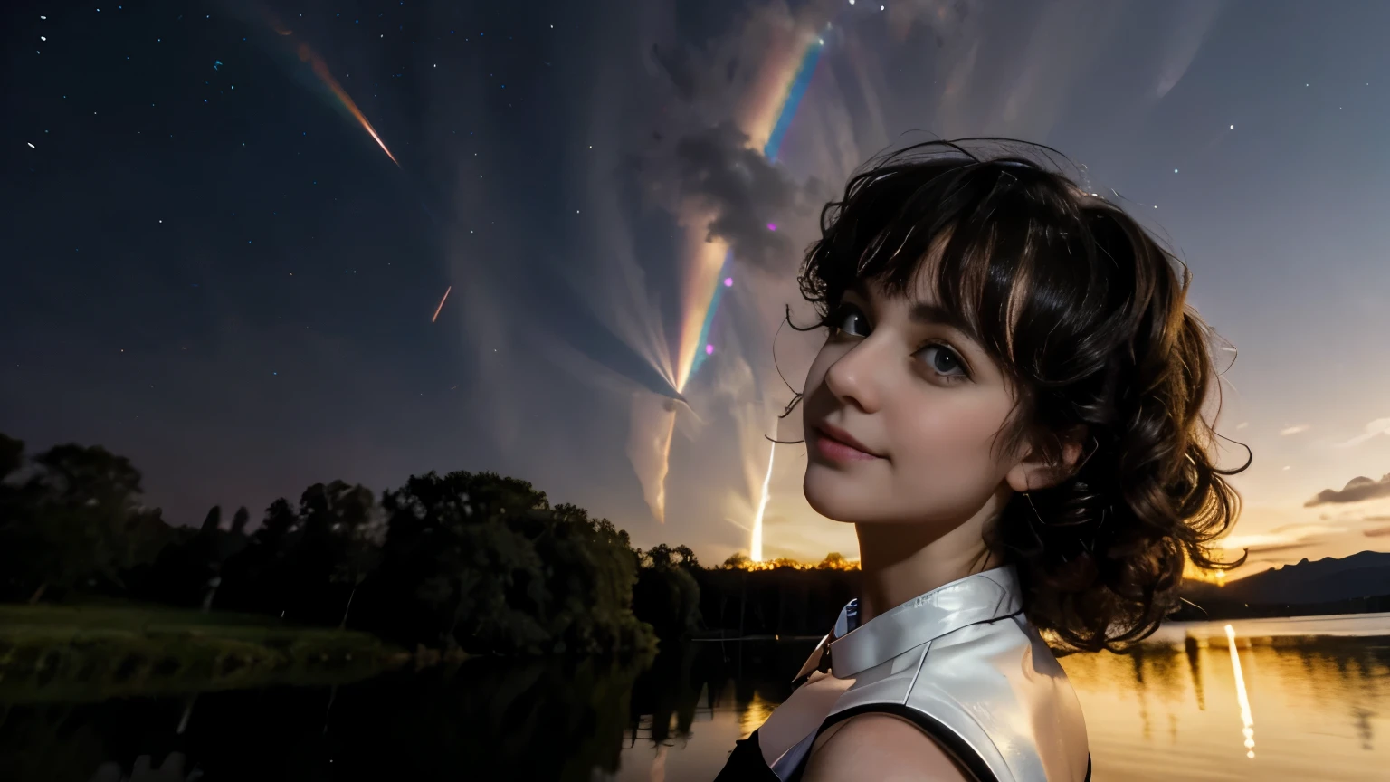 Karen Carpenter, 25 years old, SHORT DRESS, leather skirt, FREE CURLY HAIR, NIGHT, hands behind the back, lake background, shooting star, watching the camera, closeup, close-up, iridescent clouds, sun on the horizon, BREAK fire rainbow, Circumhorizontal Arc, BREAK,