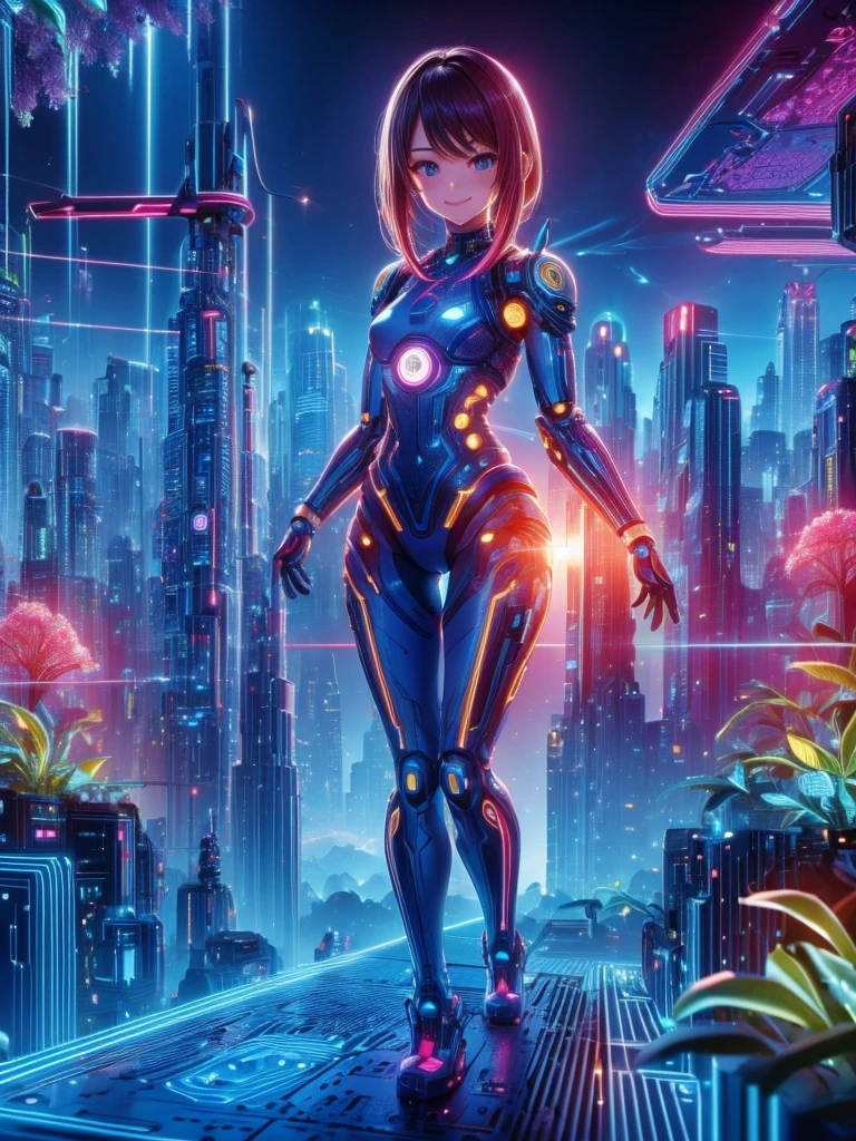 Masterpiece,Highest quality,Highest Resolution,A beautiful smiling android girl from the future,An intricate and precise mechanical body,Crisp down to the smallest detail,Future city at night,front,whole body,(((up))),
