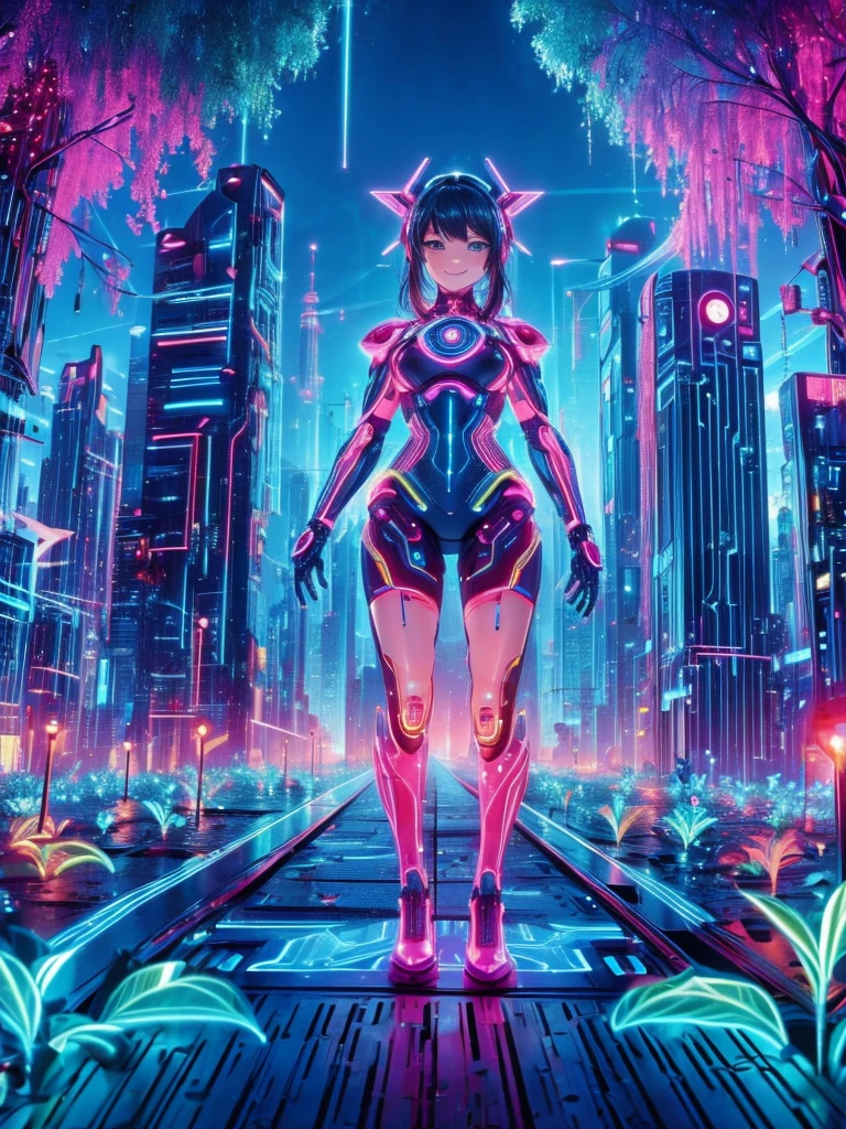 Masterpiece,Highest quality,Highest Resolution,A beautiful smiling android girl from the future,An intricate and precise mechanical body,Crisp down to the smallest detail,Future city at night,front,whole body,(((up))),