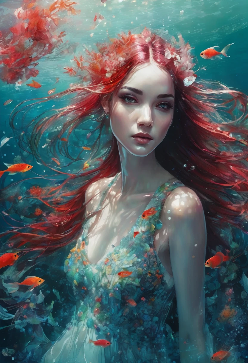 19 year old gorgeous model girl, under the water, stands at the bottom of the lake, glass flower dress, ornaments black and red, glass transparent fish swim, glass algae,Long hair fluttering, complex drawing,very detailed bright, masterpiece, high quality, a high resolution, high detail, photorealism, intricate details, Accurate linearity, acrylic paint, airbrush, ( artist Anna Dittmann, art by Carne Griffiths, artist Conrad Roset)