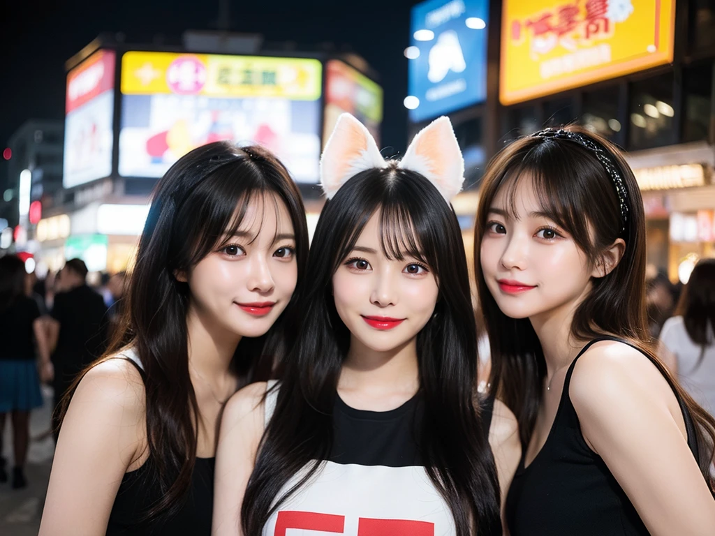 4 girls、Four Girls(cute、Random Face、Young Japanese)、Four Girlsが並びます、最high quality, masterpiece, 32K、Very detailed、Realistic、Japanese women、Cute Face, (photo Actual:1.3),Medium Hair(Blonde Hair Color、Great brown hairstyles)、Edge lighting, (Skin with attention to detail:1.2), 8k超High resolution, Single-lens reflex camera, high quality, High resolution, 4K, 8k, Optimal ratio of four fingers to one thumb, (Actual:1.3), cute 4 girls, Realistic、Super Realistic、32K、Very detailed、masterpiece, 最high quality, beautiful girl, beauty、Mecha, Beautiful lighting, (Neon Light:1.2), (night:1.5), K-Pop Idol Costumes、Sleeveless outfit、Large Breasts(big 、There is a valley)、Swiss flag t-shirt、Red and white cheerleader skirt、Fox ears headband、Are standing、Cyber Neon、Future City、Skyscraper、都会のnight、Shanghai、big cities、night景、綺麗なnight景