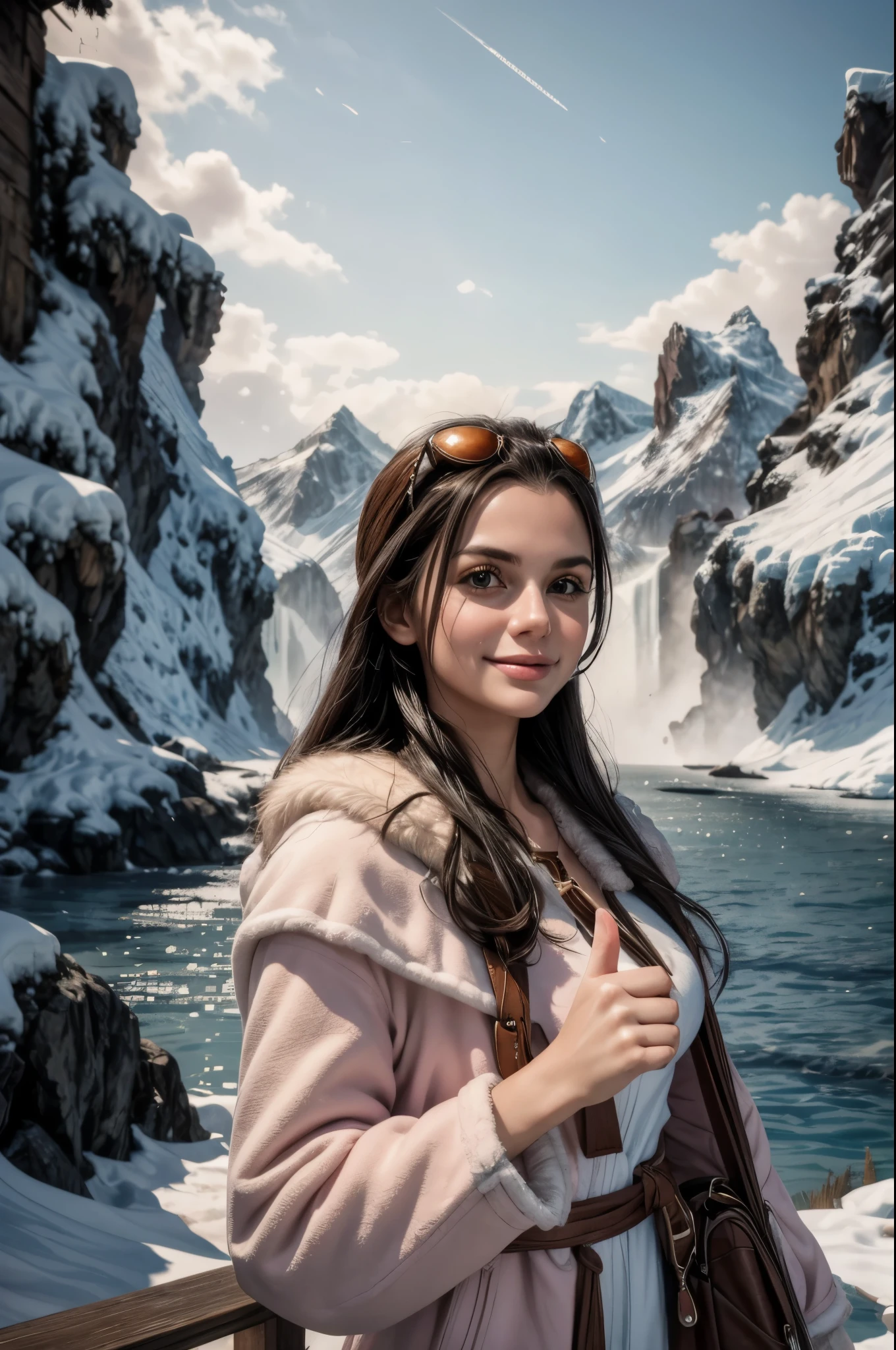 masterpiece, best quality, extremely detailed, hyperrealistic:1.1, photorealistic, a beautiful 20s russian model, ultra detailed face:1.1, sunglasses on head:1.1, pink duffle coat, pink fur, black hair, frozen island, giant snow moutain, frozen waterfall, icicles, covered with ice, everything is made out of ice, ominous atmosphere, seductive smile, thumbs up
