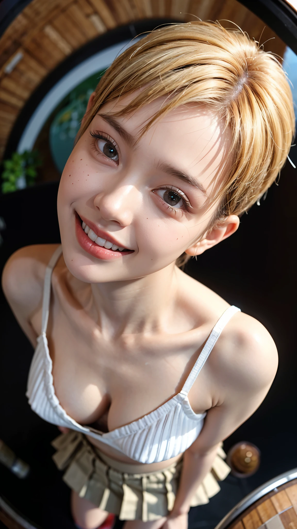 Highest quality, masterpiece, Ultra-high resolution,8k, (Realistic:1.6), (Close-up portrait:1.4) RAW Photos,((Smiling with teeth showing))、 ((Nipple erection)),((UNIQLO Bra Top,Pleated mini skirt)),((Nipples seem to be visible)),((Full body photo)),1 person,Omotesando,A slim 26-year-old adult woman ,((Flash Gold Hair Pixie Cut and New Era Cap)),((Looking up at the audience)),Face Focus:1.4,((Shooting from above with a fisheye lens:1.4)),