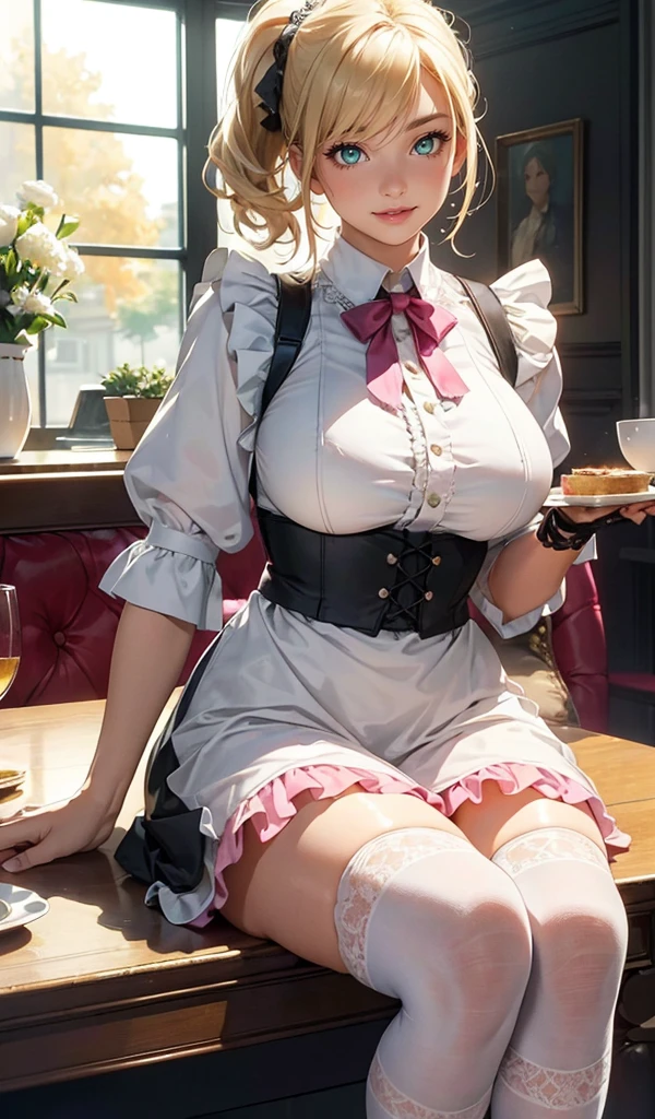 (Amazing masterpiece), (Maximize highest quality:1.5), (Maximize most beautiful digital illustrations:1.5), ((Most realistic:1.5)), ((Smooth, soft, crisp and most realistic skin and hair textures)), Most beautiful detailed eyes:1.5, ((Maximum resolution)), ((UHD, 16K, 1080p)), ((10 million ppi, 300 million dpi images)), ((Amazing dynamics:1.5)), Beautiful backgrounds with depth of field, Most beautiful natural light, Rule of thirds, ((Maximize every effect and present it in the ultimate quality)), 1slut, sexy, 25years old, beautiful face sharp, elegant mature woman, Ultimate perfect body style, beautiful beautiful big breasts, Maximize upturned breasts, beautiful green eyes, shiny light yellow hair, short hair, pony tail, (eyes visible through hair:1.3), glossy very thick lips, pink lipstick, Obscene smile:1.5, A waitress with a charming and unique outfit, detailed apron dress with intricate lace and frills in pastel pink, a fitted bodice with delicate embroidery, puffed sleeves with lace trim, a flared mini skirt with multiple layers of ruffles, knee-high socks with lace tops in white, holding a silver tray with a polished finish, dynamic pose, background of a bustling café interior with customers,
