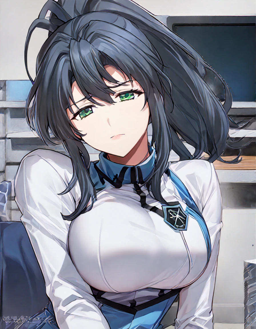 High detailed, kimtag, 1 girl, solo, akenohimejimaSDXL, Ivory colored eyes, castleton-green colored hair, large hair, ponytail ribbon, busty, plump Buson, chunky body, blue genetics's uniform, Juliet sleeves,  deep cleavage, blue skirt, genetics's uniform, juliet sleeves, genetics's uniform, shy expression