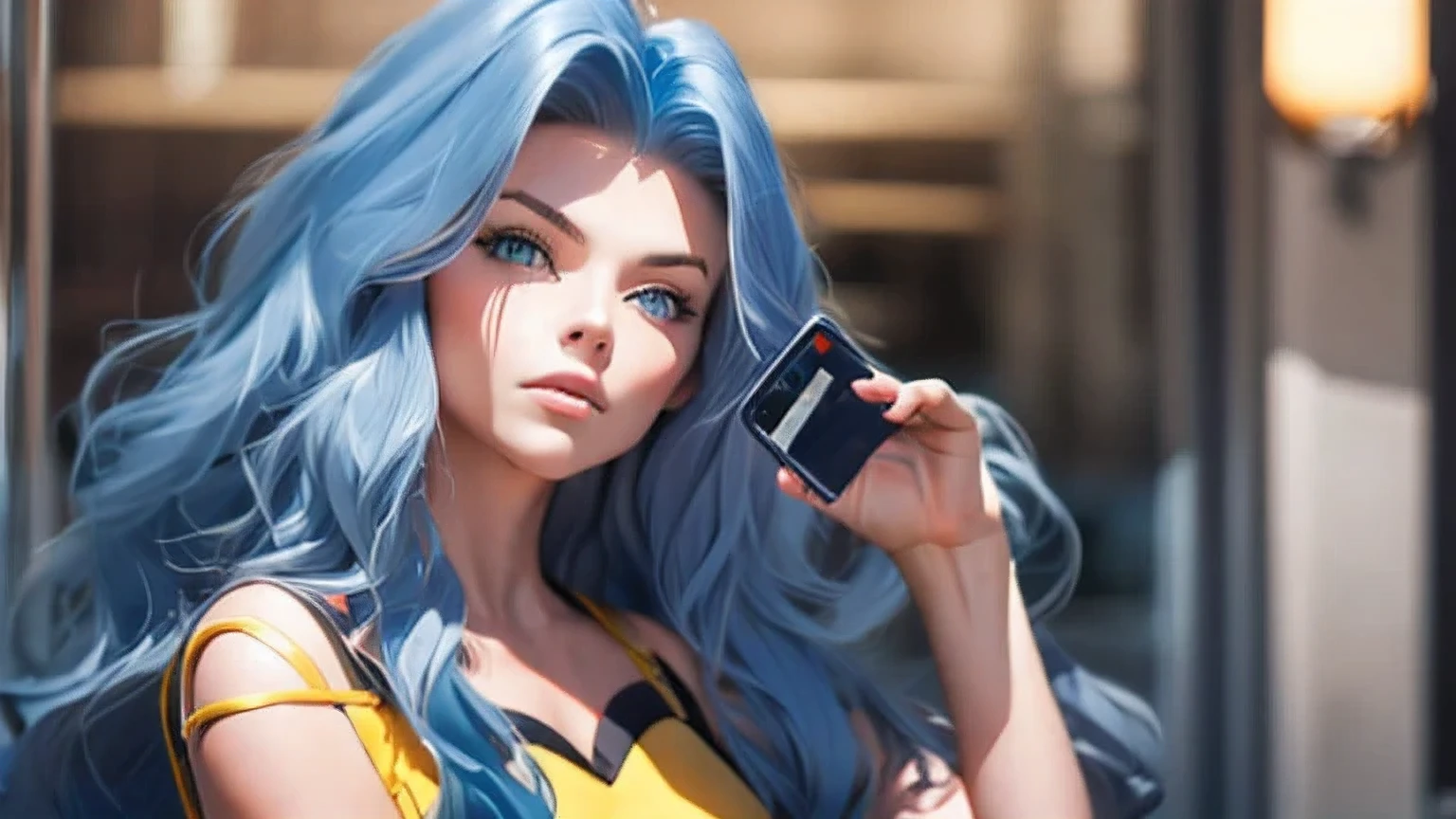 karen, yellow crop top, long hair, curly hair, wavy hair, very voluminous hair, blue hair, light eyes, blue eyes, woman's holding a cell phone