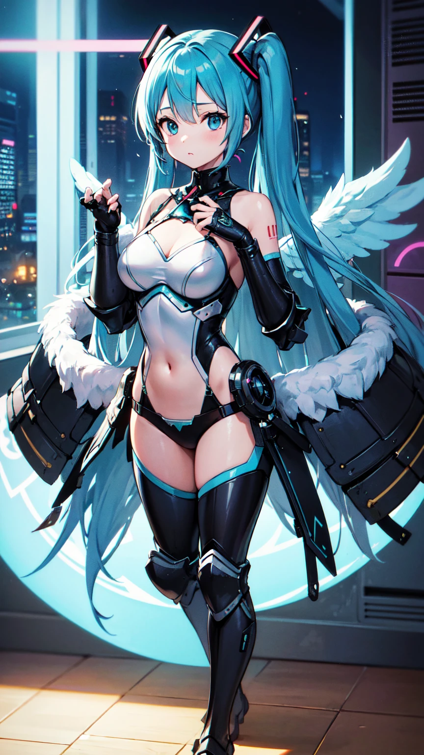 (Princess Knight), hatsune miku, ((wearing armor)), Angel wings, cyberpunk, noise removal, illustration, neon lights on the, Tabletop、Exquisite design、Visual Arts、Concept Artist、Five Fingers, Perfect body, {{{masterpiece}}}, {{{Highest quality}}}, {{Very detailed}}, {shape}, {{Very delicate and beautiful}},Improved cost performance、All Roles、Canon 5D MK4でphotograph、photograph,