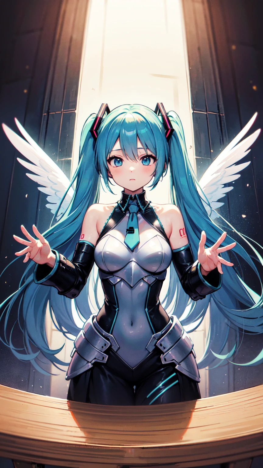 (Princess Knight), hatsune miku, ((wearing armor)), Angel wings, cyberpunk, noise removal, illustration, neon lights on the, Tabletop、Exquisite design、Visual Arts、Concept Artist、Five Fingers, Perfect body, {{{masterpiece}}}, {{{Highest quality}}}, {{Very detailed}}, {shape}, {{Very delicate and beautiful}},Improved cost performance、All Roles、Canon 5D MK4でphotograph、photograph,