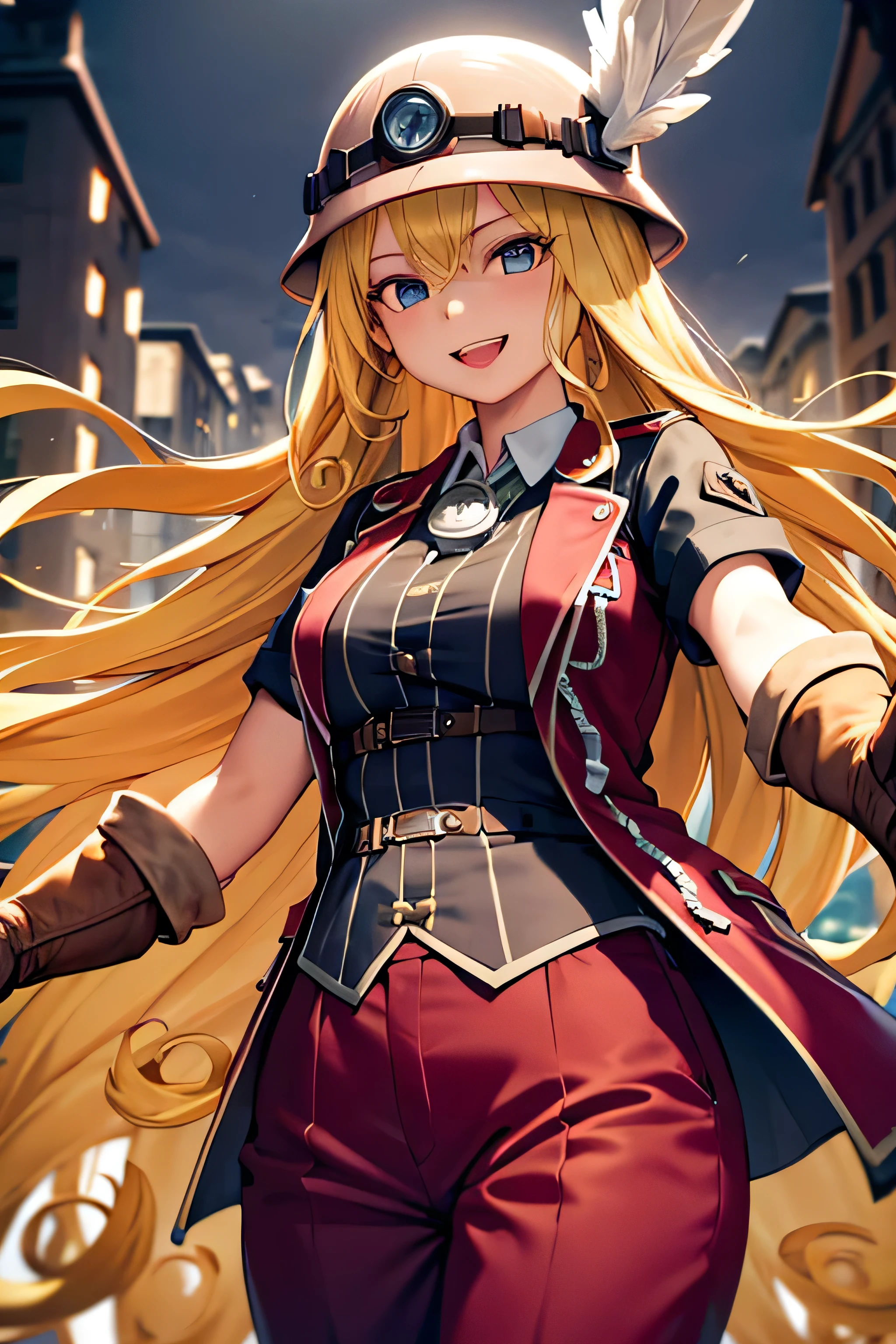 masterpiece, best quality, highres, 1girl very long hair blonde hair curly hair, red jacket helmet whistle short sleeves brown gloves red pants hat feather outstretched hand, smile ,adult women