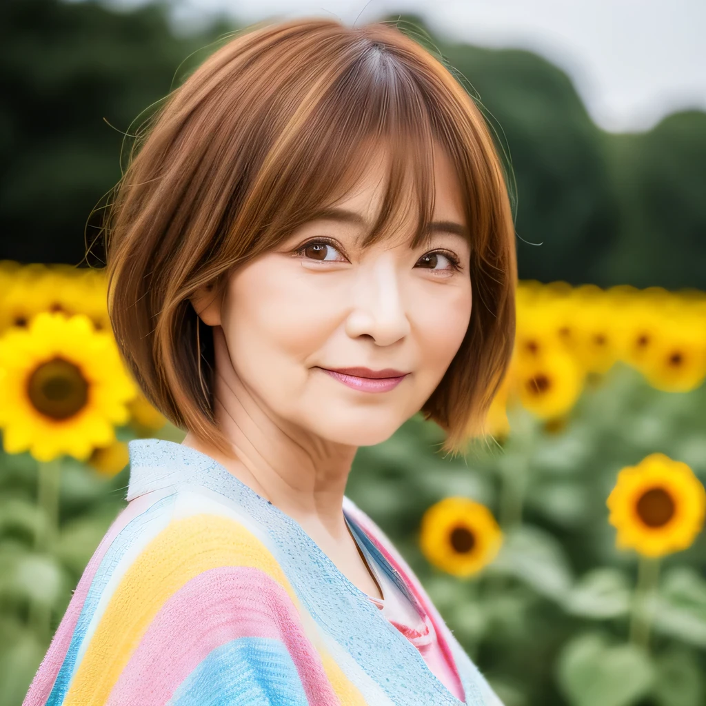 60 years old Japanese woman One side is sunflowers Upper Body 60 years old Fluffy short hair Bright brown hair Bob Hair Brown Hair Beautiful Hair woman Has bangs Messy short hair Brown Hair Brown Hair Beautiful hair, shiny hair Japan Fireworks Festival short hair The background is a sunflower field Sunflower flowers Yellow Flower Sunflower background Beautiful flowers as a background ( Hair looks beautiful :1.2) myself woman 60 years old Bob Hair Brown Hair Beautiful Hair Shiny Hair Japan( sharpen ), (Facing the children_v1:0.7), (8k, Highest quality), Unconscious, Please open your eyes, , High resolution, original, (Flat Color:0.9),(colorful:1.1),(masterpiece:1,2), Highest quality, masterpiece, High resolution, original, Highly detailed wallpaper, Audience'Perspective, alone, Portraiture, Mature Woman Body Set, smile, When I look at this, vibrant floral background,Natural Wrinkles, Wrinkles around the eyes, surreal, Natural Skin, Natural Hair Color, Bright red lips, a vivid image of summer Sunflower flowers Wrinkles on the face