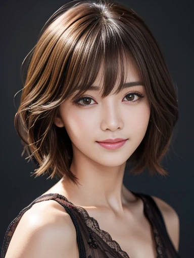 masterpiece, Highest quality, Very detailed, 複雑に詳細なSuper detailed, Realistic, Sharp features, Very detailed, Sharp focus, 20-year-old, Perfect Face, Perfect Face, Perfect symmetrical perfect eyes, Perfect Plump Lips, Flexible female form, Film Light, Super detailed, hyper Realistic, High resolution, Vibrant, Dynamic Studio Lighting, short hair, Brown Hair, Shoulder-length layered, Asymmetrical bangs, Brown eyes, (Impish Smile:1.2),  Cowboy Shot,