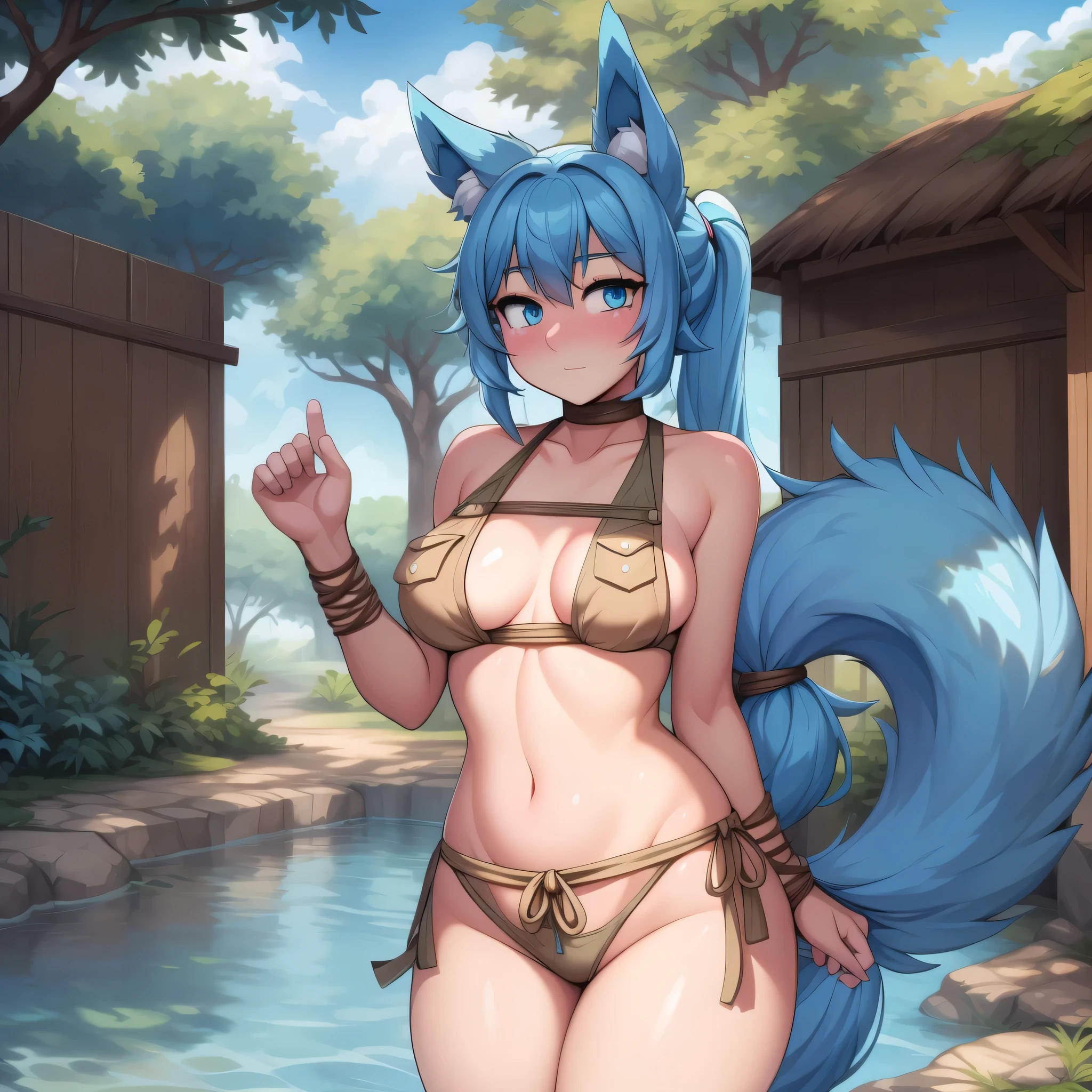 (Masterpiece) (High Detail) (High Res) A short little slim humanoid girl with pale human skin and blue eyes and long blue hair tied up in a long ponytail and blue dog ears and a fluffy blue dog tail and average breasts. She is wearing Safari outfit and is at a zoo with Zoo animals surrounding her.